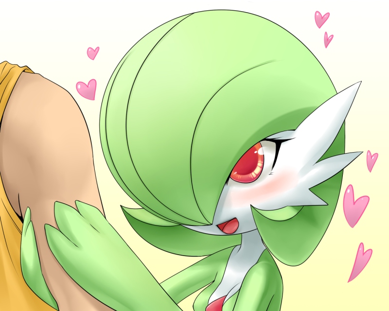 nme, gardevoir, nintendo, pokemon, arm grab, bad id, bad pixiv id, blush, gen 3 pokemon, heart, pokemon (creature), smile, solo focus