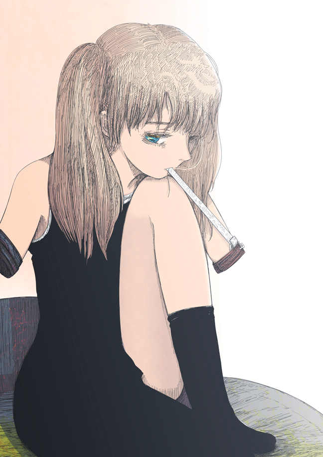 keida riiko, light brown hair, no arms, 1girl, amputee, armless amputee, black dress, blue eyes, double amputee, dress, female focus, gradient background, legs, sleeveless, solo, twintails, white background
