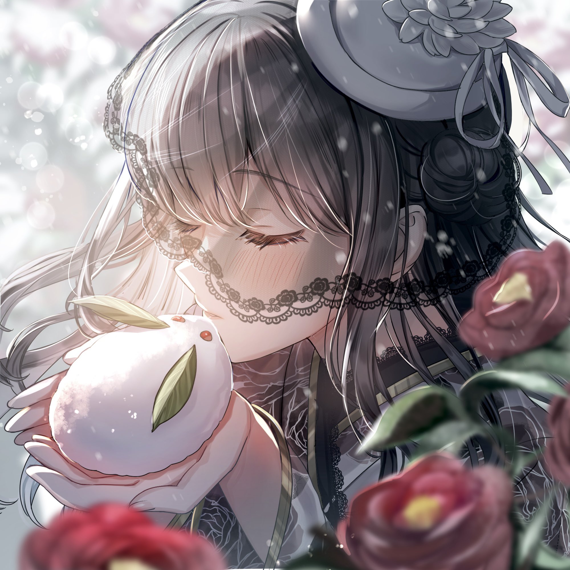 sakura (39ra), original, highres, 1girl, black hair, black kimono, black veil, blurry, blurry foreground, blush, closed eyes, closed mouth, flower, hat, holding, japanese clothes, kimono, leaf, long hair, long sleeves, portrait, red flower, red rose, rose, snow rabbit, solo, veil, white hat, wide sleeves