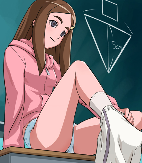 haruyama kazunori, ishimoto michiko, kaidan restaurant, eyebrows, 00s, 1girl, black eyes, brown hair, chalkboard, female focus, geometry, hood, hoodie, math, panties, polka dot, polka dot panties, sitting, solo, underwear, undressing