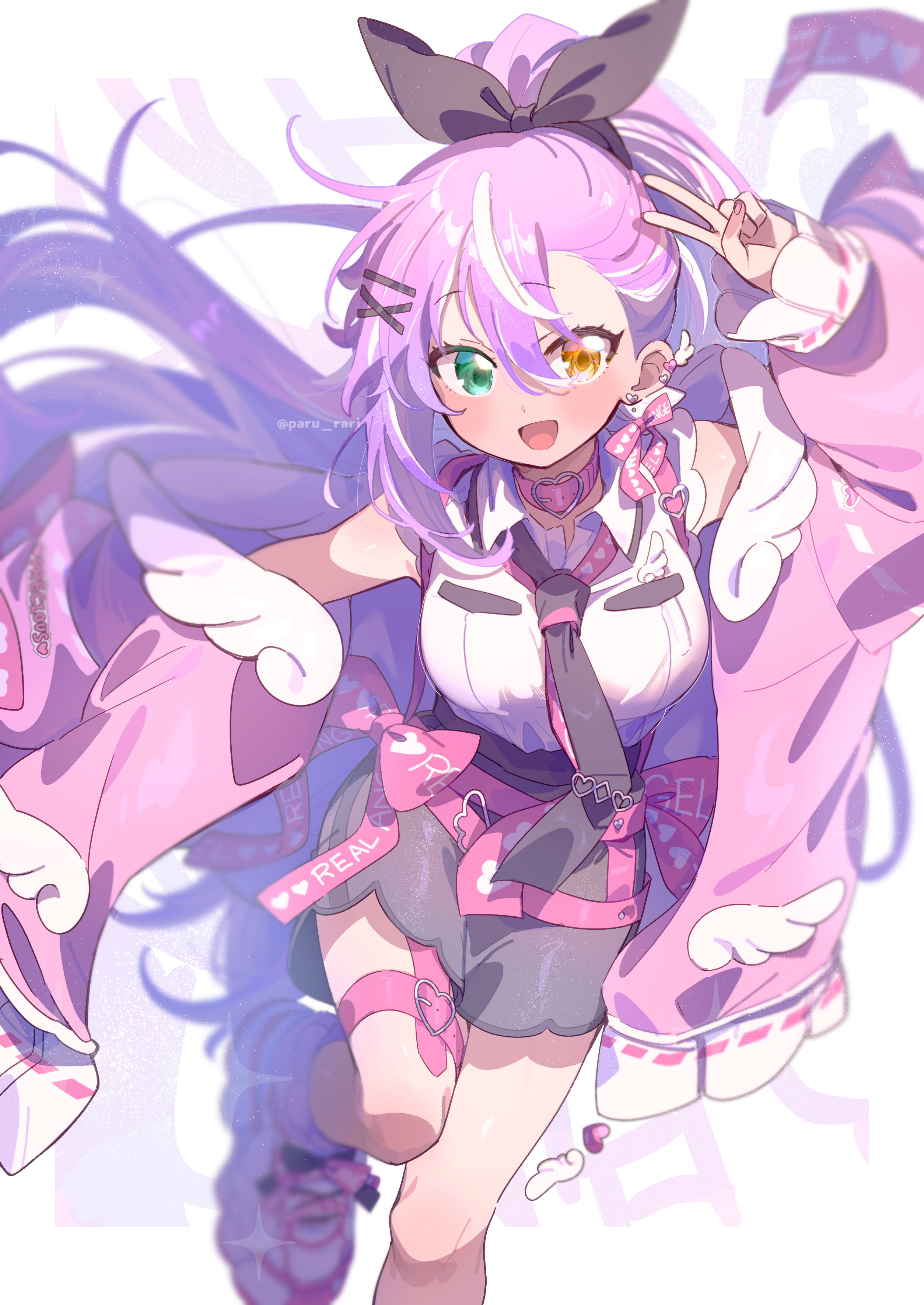 serizawa serizane, serizane-chan (paru rari), original, absurdres, commentary request, highres, 1girl, :d, arm up, black necktie, black skirt, clothes writing, collar, ear piercing, earrings, english text, hair between eyes, hair ornament, heart, heart collar, heart earrings, heart print, heterochromia, high-waist skirt, jacket, jewelry, long hair, long sleeves, looking at viewer, multicolored hair, necktie, open clothes, open jacket, open mouth, outstretched arm, piercing, pink collar, pink hair, pink jacket, ponytail, print ribbon, purple hair, ribbon, shirt, shirt tucked in, skirt, smile, solo, tie clip, twitter username, v, v over head, very long hair, white shirt, x hair ornament