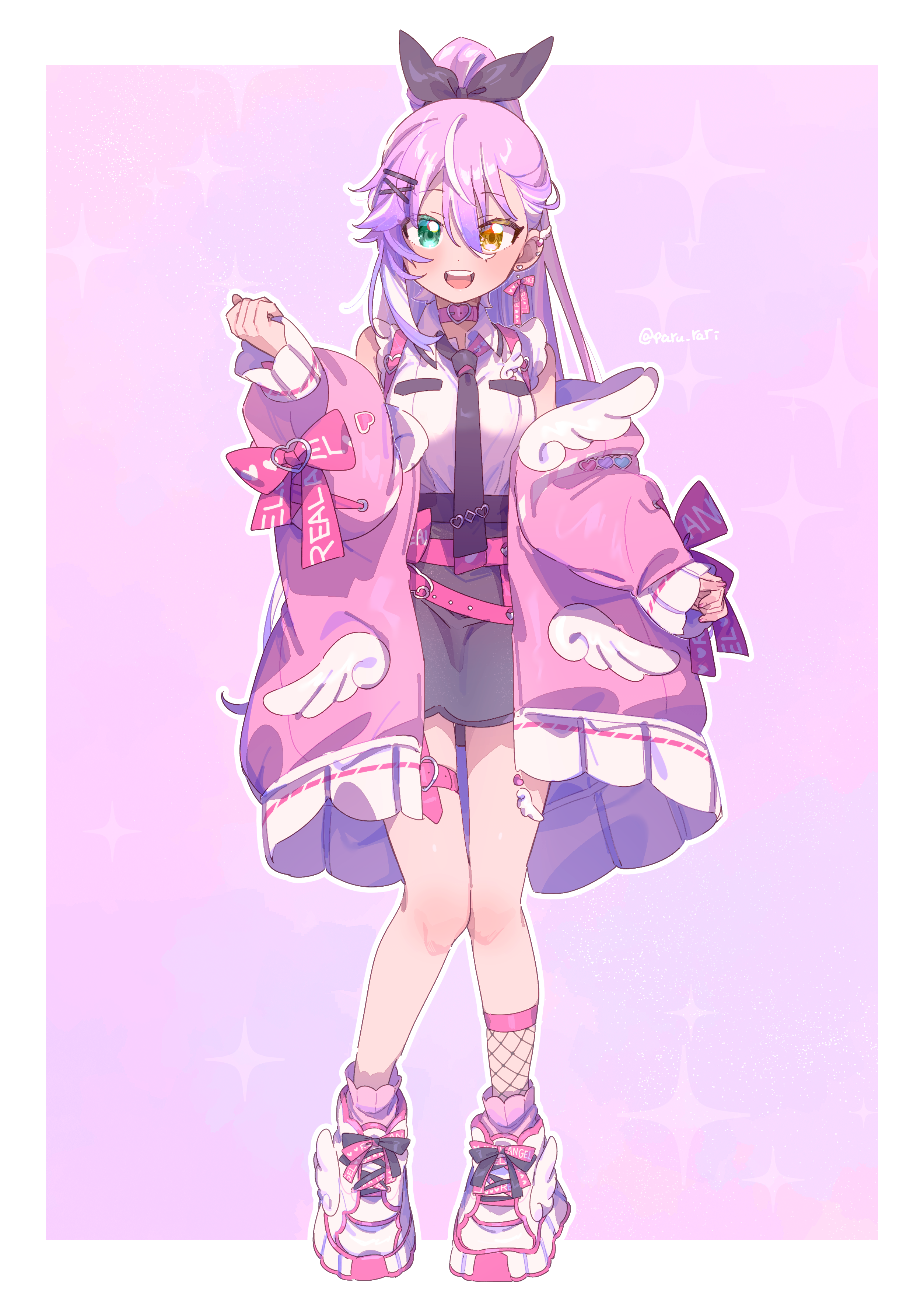 serizawa serizane, serizane-chan (paru rari), original, absurdres, commentary request, highres, 1girl, :d, animal collar, arm at side, black bow, black necktie, blush, border, bow, breast pocket, collar, cross-laced clothes, cross-laced sleeves, dot nose, ear piercing, earrings, fishnet socks, fishnets, full body, green eyes, grey skirt, hair bow, hand up, heart, heterochromia, high ponytail, jacket, jewelry, knees together feet apart, leg belt, long sleeves, miniskirt, multicolored hair, necktie, off shoulder, open collar, open mouth, outline, piercing, pink background, pink collar, pink hair, pink jacket, pink socks, pocket, ponytail, shirt, shoes, short sleeves, simple background, single sidelock, skirt, smile, sneakers, socks, solo, sparkle, standing, streaked hair, teeth, thigh gap, twitter username, upper teeth only, white border, white outline, white shirt, white shoes, wing print, yellow eyes