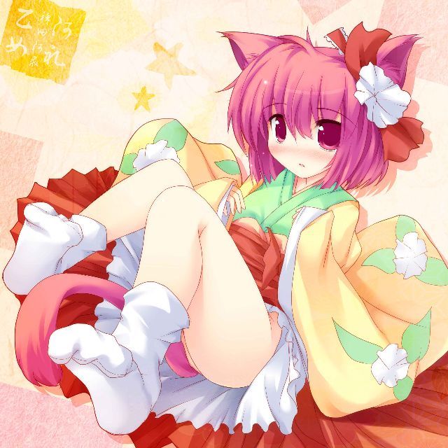 hieda no akyuu, touhou, jpeg artifacts, 1girl, animal ears, blush, cat ears, cat girl, cat tail, female focus, full body, hair ornament, japanese clothes, no panties, purple eyes, purple hair, ribbon, short hair, socks, solo, tail