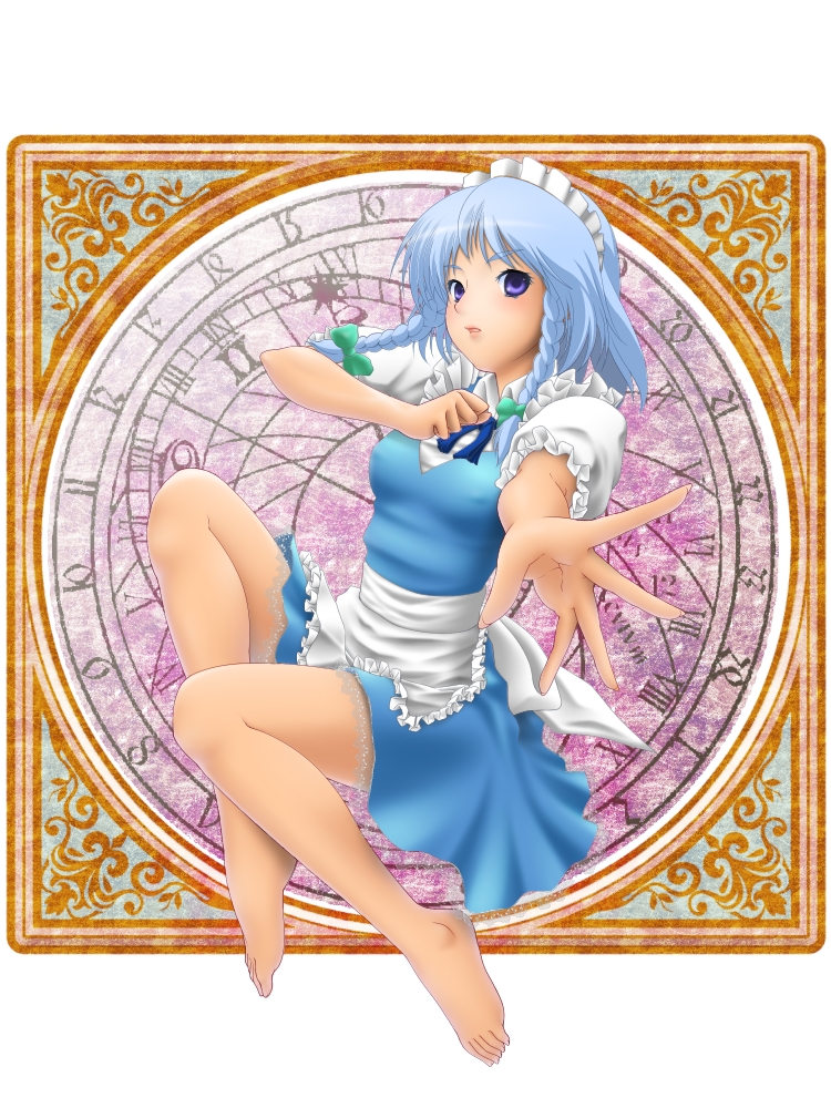 koibumi, izayoi sakuya, touhou, bad id, bad pixiv id, 1girl, apron, barefoot, blue hair, blush, bow, braid, dress, feet, female focus, foreshortening, full body, maid, maid apron, maid headdress, purple eyes, solo, twin braids