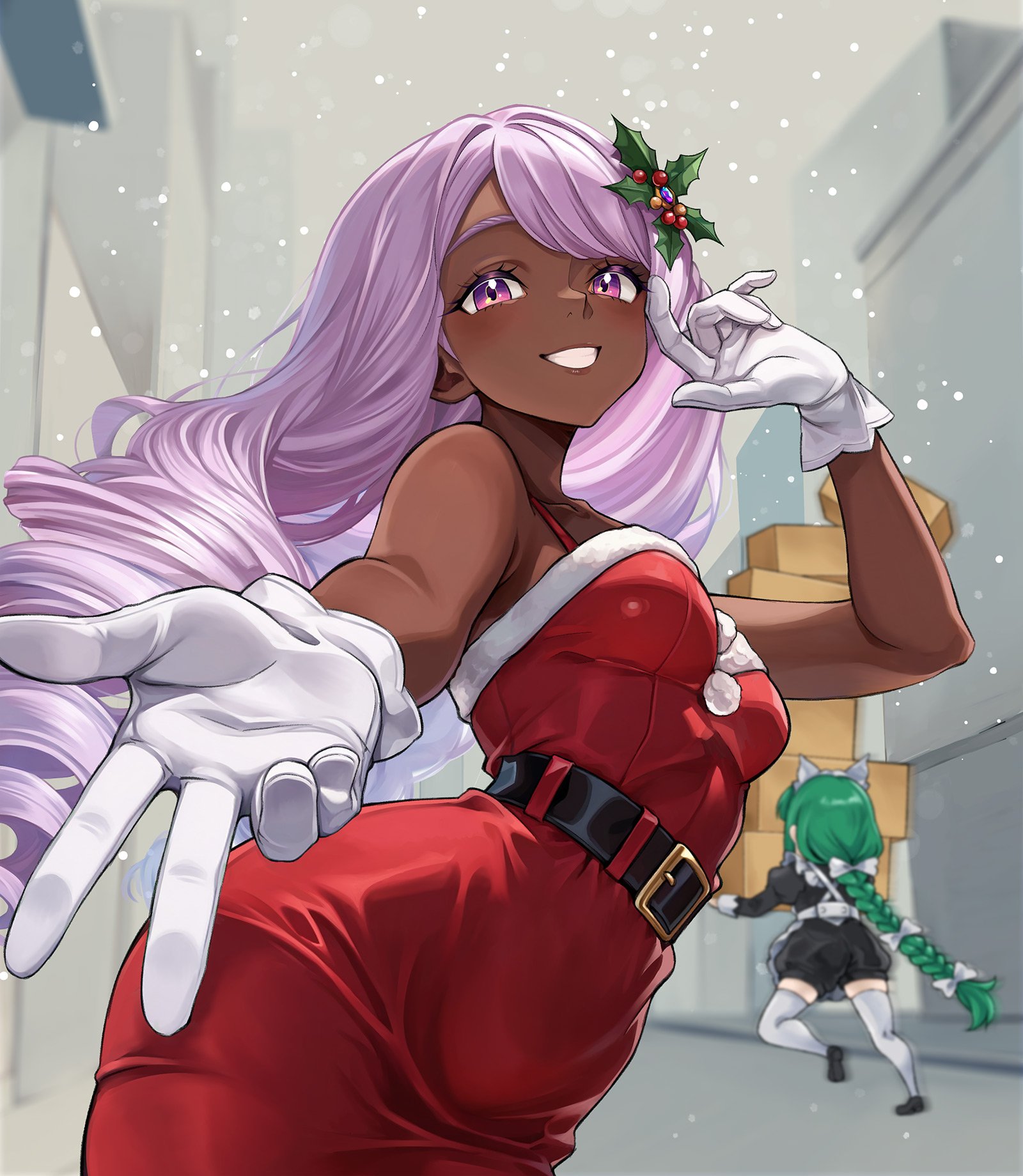 jajanome, jacinthe (pokemon), lebanne (pokemon), nintendo, pokemon, pokemon legends: z-a, master and servant, highres, 2girls, alternate costume, apron, bare shoulders, belt, black belt, black romper, box, box stack, braid, braided ponytail, breasts, carrying, christmas, cowboy shot, curled fingers, curvy, dress, drill hair, fur-trimmed dress, fur trim, gloves, green hair, grin, hand up, holding, holding box, juliet sleeves, long braid, long hair, long sleeves, low drills, maid, maid apron, maid headdress, medium breasts, mistletoe hair ornament, multiple girls, outstretched arm, outstretched hand, parted lips, puffy sleeves, purple eyes, purple hair, reaching, reaching towards viewer, red dress, romper, santa costume, santa dress, smile, snow, snowing, solo focus, strapless, strapless dress, thighhighs, very long hair, white gloves, white thighhighs