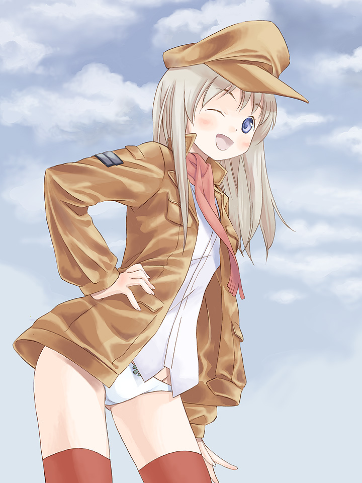 takano natsuki, wilma bishop, strike witches, strike witches: katayoku no majo-tachi, world witches series, silver hair, 00s, 1girl, blue eyes, blush, female focus, hat, one eye closed, outdoors, panties, scarf, sky, solo, thighhighs, underwear, wink