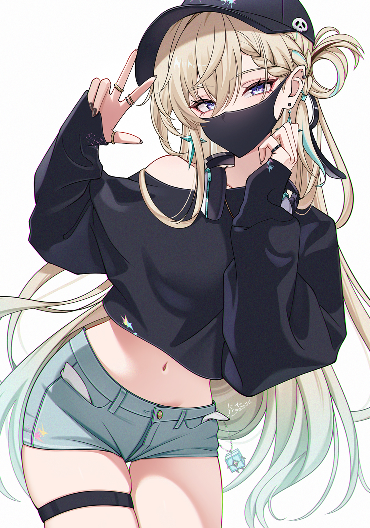 uriuritei, lynae (wuthering waves), wuthering waves, commentary, highres, 1girl, aqua hair, baseball cap, black hat, black nails, black shirt, blonde hair, braid, braided bangs, charm (object), clang bang (wuthering waves), cowboy shot, crop top, denim, denim shorts, earrings, fingernails, gradient hair, hands up, hat, headphones, headphones around neck, jewelry, long fingernails, long hair, long sleeves, mask, midriff, mouth mask, multicolored hair, nail polish, navel, shirt, shorts, simple background, single bare shoulder, single off shoulder, solo, star (symbol), star earrings, streaked hair, thigh gap, thigh strap, thighs, very long hair, w, white background