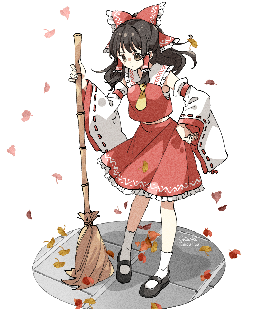 hakurei reimu, touhou, commentary, highres, 1girl, ascot, autumn leaves, black shoes, bow, broom, brown eyes, brown hair, dated, detached sleeves, falling leaves, frilled bow, frilled hair tubes, frilled skirt, frills, full body, hair bow, hair tubes, holding, holding broom, leaf, long hair, mary janes, red bow, red skirt, ribbon-trimmed sleeves, ribbon trim, shiinoki eil, shoes, signature, skirt, skirt set, socks, solo, white socks, yellow ascot