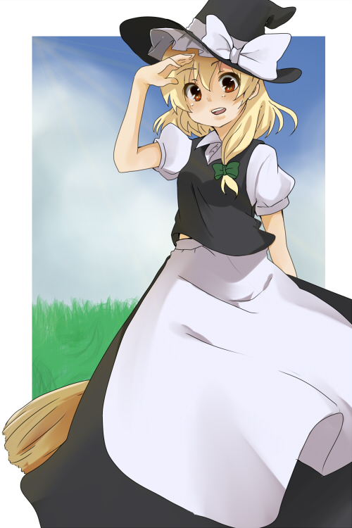 yuzuha (artist), kirisame marisa, touhou, bad id, bad pixiv id, 1girl, blonde hair, bow, broom, brown eyes, female focus, grass, hair bow, hat, hat bow, ribbon, sky, solo