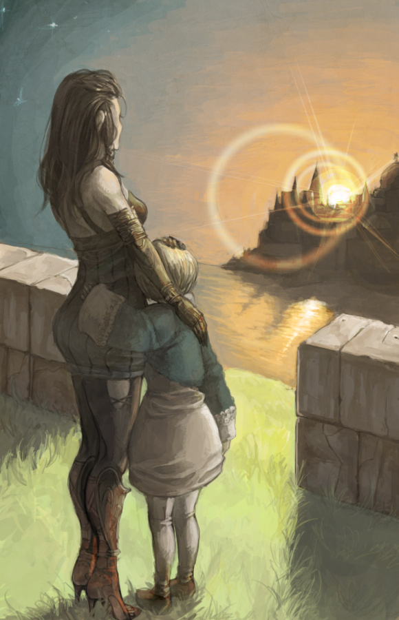 pr (puru), callo merlose, vagrant story, 2girls, blonde hair, building, castle, child, full body, height difference, lens flare, light smile, mountain, multiple girls, short hair, skirt, standing, sun, sunlight, sunrise