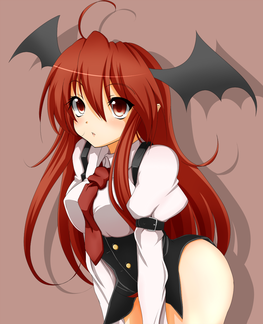 kamo (yokaze), koakuma, embodiment of scarlet devil, touhou, 1girl, bat wings, blush, bottomless, female focus, head wings, long hair, necktie, red eyes, red hair, red necktie, solo, wings