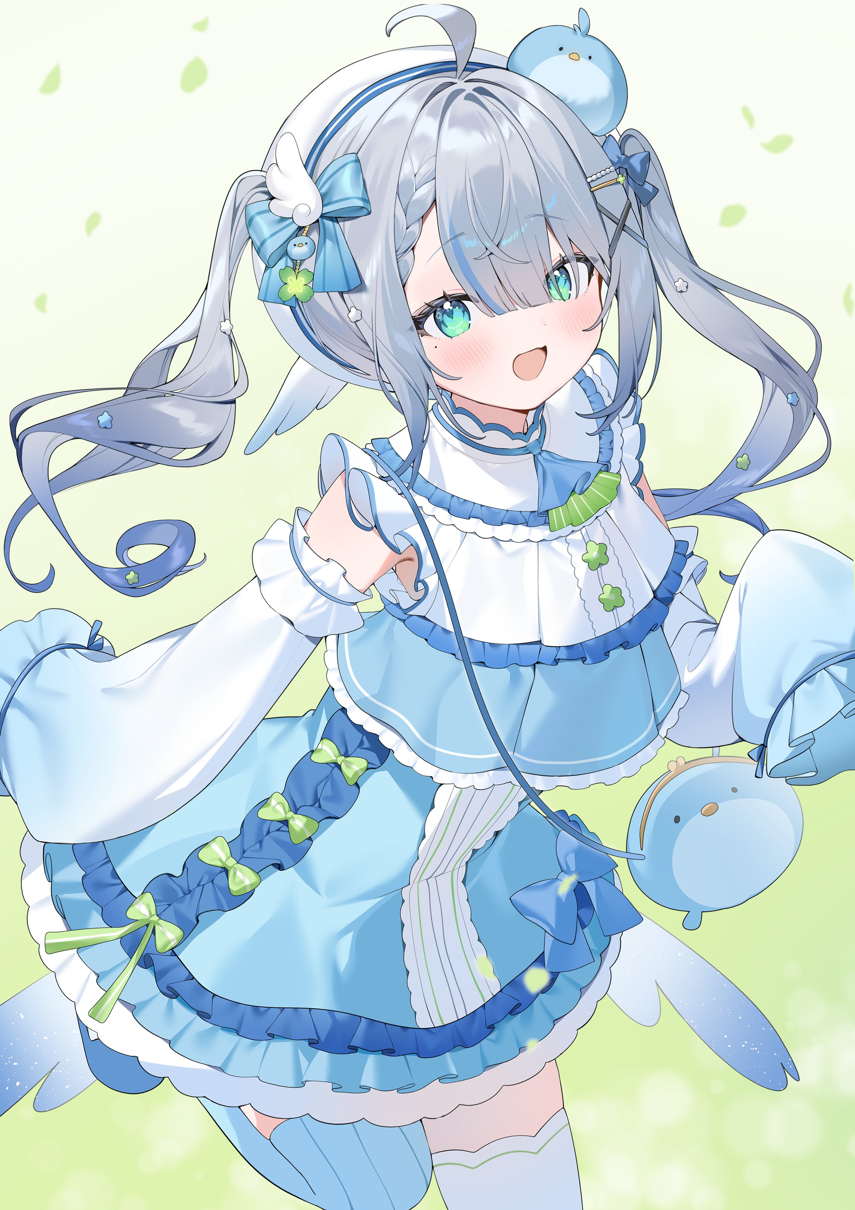 inuyayo, indie virtual youtuber, absurdres, commentary, highres, 1girl, :d, ahoge, asymmetrical legwear, bare shoulders, beret, blue bow, blue dress, blue hair, blue thighhighs, blunt bangs, blush, bow, cowboy shot, dress, dress bow, frilled dress, frilled sleeves, frills, green bow, green eyes, grey hair, hair bow, hair ornament, hand up, hat, long hair, long sleeves, looking at viewer, mismatched legwear, momoruri seiran, multicolored hair, open mouth, short dress, sleeveless, sleeveless dress, sleeves past fingers, sleeves past wrists, smile, solo, streaked hair, striped clothes, striped thighhighs, thighhighs, twintails, vertical-striped clothes, vertical-striped thighhighs, virtual youtuber, white hat, white sleeves, white thighhighs, x hair ornament