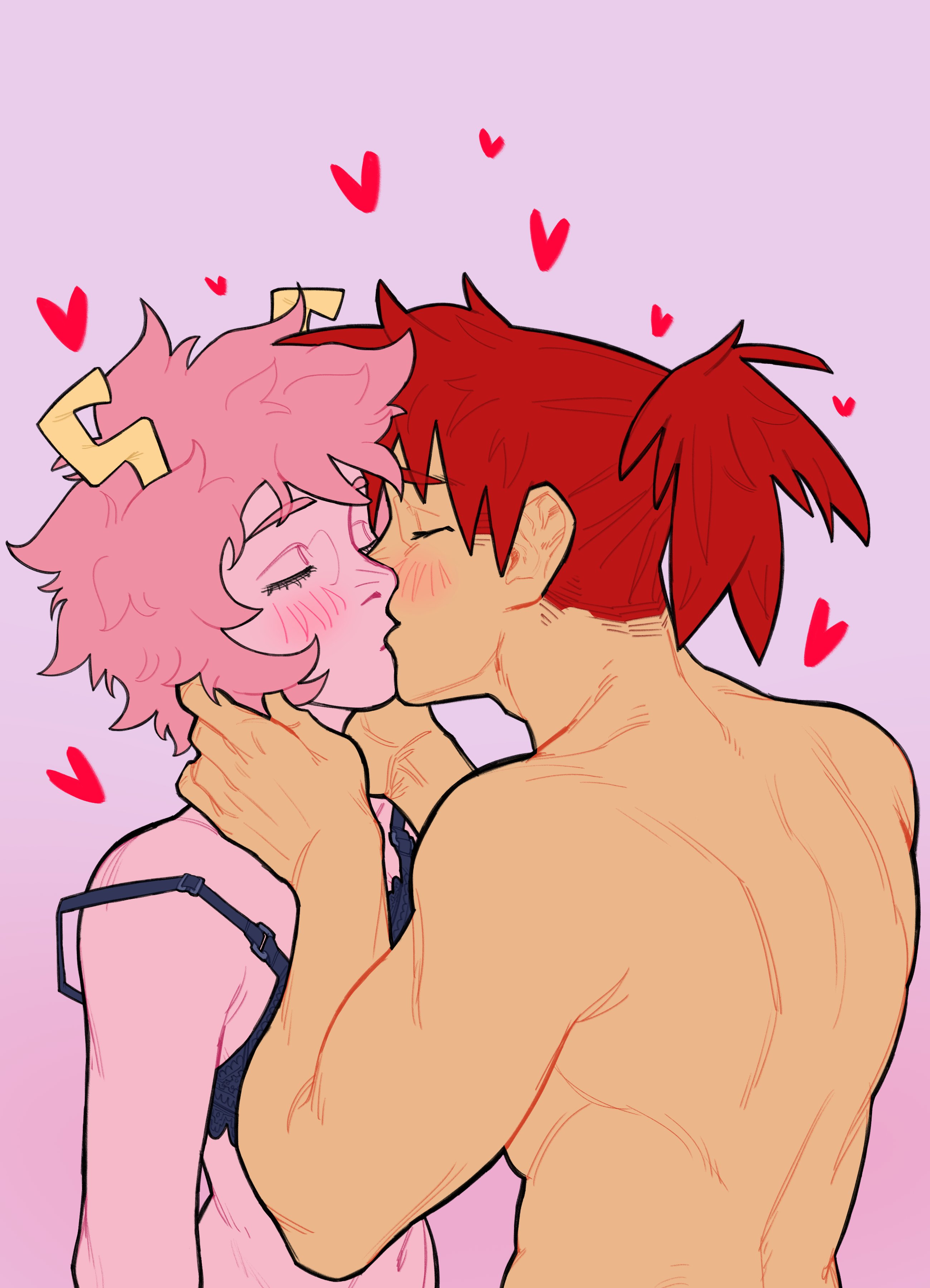 loopvoid, ashido mina, kirishima eijirou, boku no hero academia, 1boy, 1girl, back, bare shoulders, blush, bra, closed eyes, colored skin, hetero, horns, kirimina, kiss, messy hair, muscular, muscular male, pink hair, pink skin, red hair, short hair, simple background, underwear, valentine, valentine's, yellow horns
