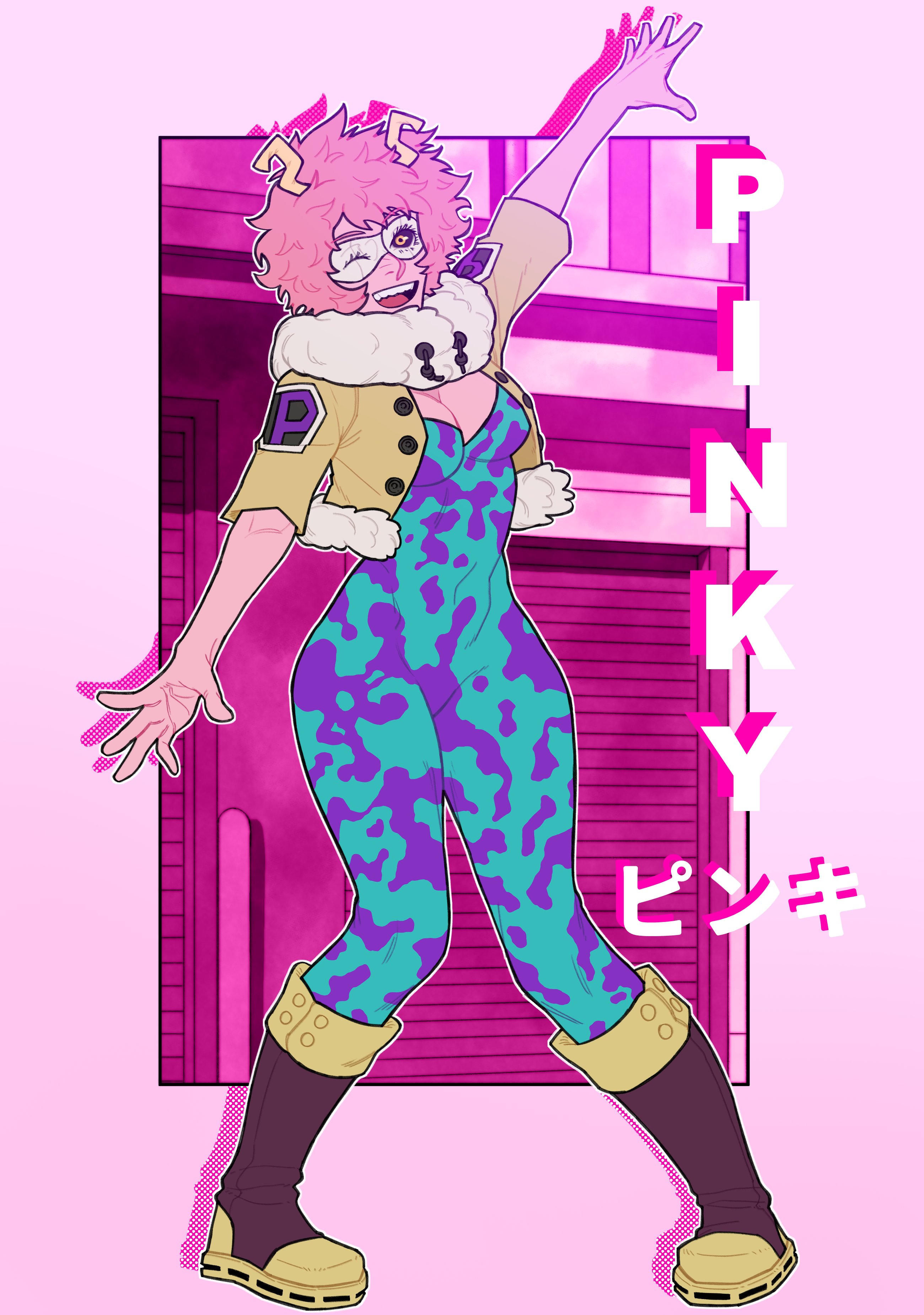 loopvoid, ashido mina, boku no hero academia, 1girl, aqua bodysuit, black sclera, bodysuit, boots, breasts, cleavage, colored sclera, colored skin, female focus, full body, fur-trimmed jacket, fur trim, hero outfit (mha), horns, jacket, messy hair, pink hair, pink skin, short hair, solo, superhero costume, white mask, yellow eyes, yellow horns