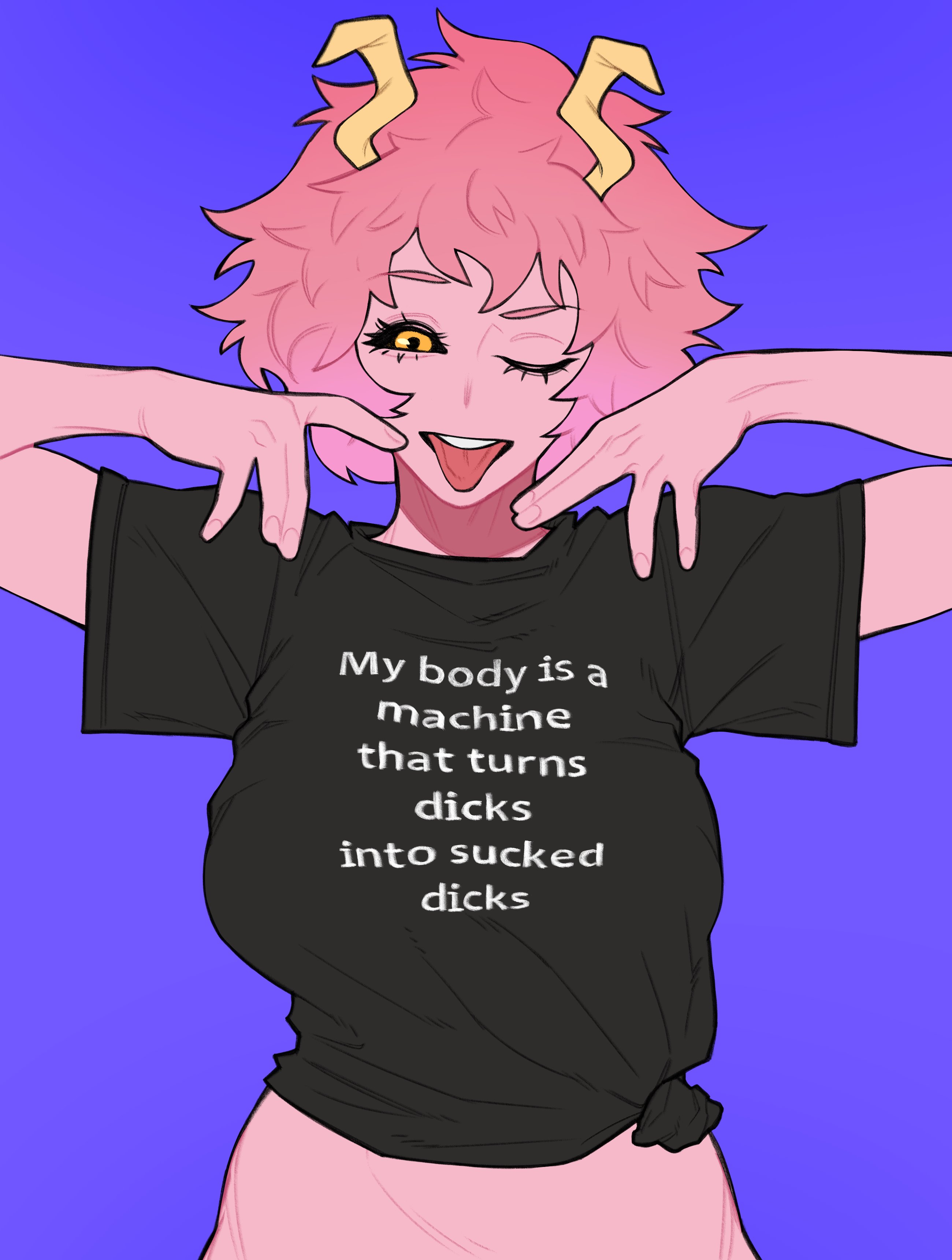 loopvoid, ashido mina, boku no hero academia, 1girl, black sclera, black shirt, colored sclera, colored skin, female focus, horns, looking at viewer, messy hair, one eye closed, pink hair, pink skin, purple background, shirt, short hair, short sleeves, simple background, smile, solo, teeth, tongue, tongue out, upper teeth only, wink, yellow eyes, yellow horns