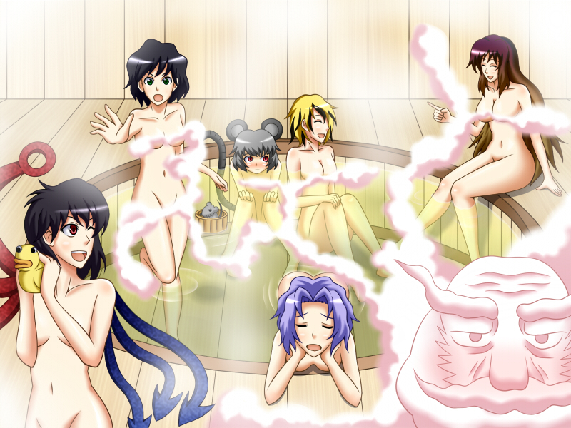 mamedenchi, hijiri byakuren, houjuu nue, kumoi ichirin, murasa minamitsu, nazrin, toramaru shou, unzan, touhou, 6+girls, censored, convenient censoring, everyone, mouse (animal), multiple girls, nude