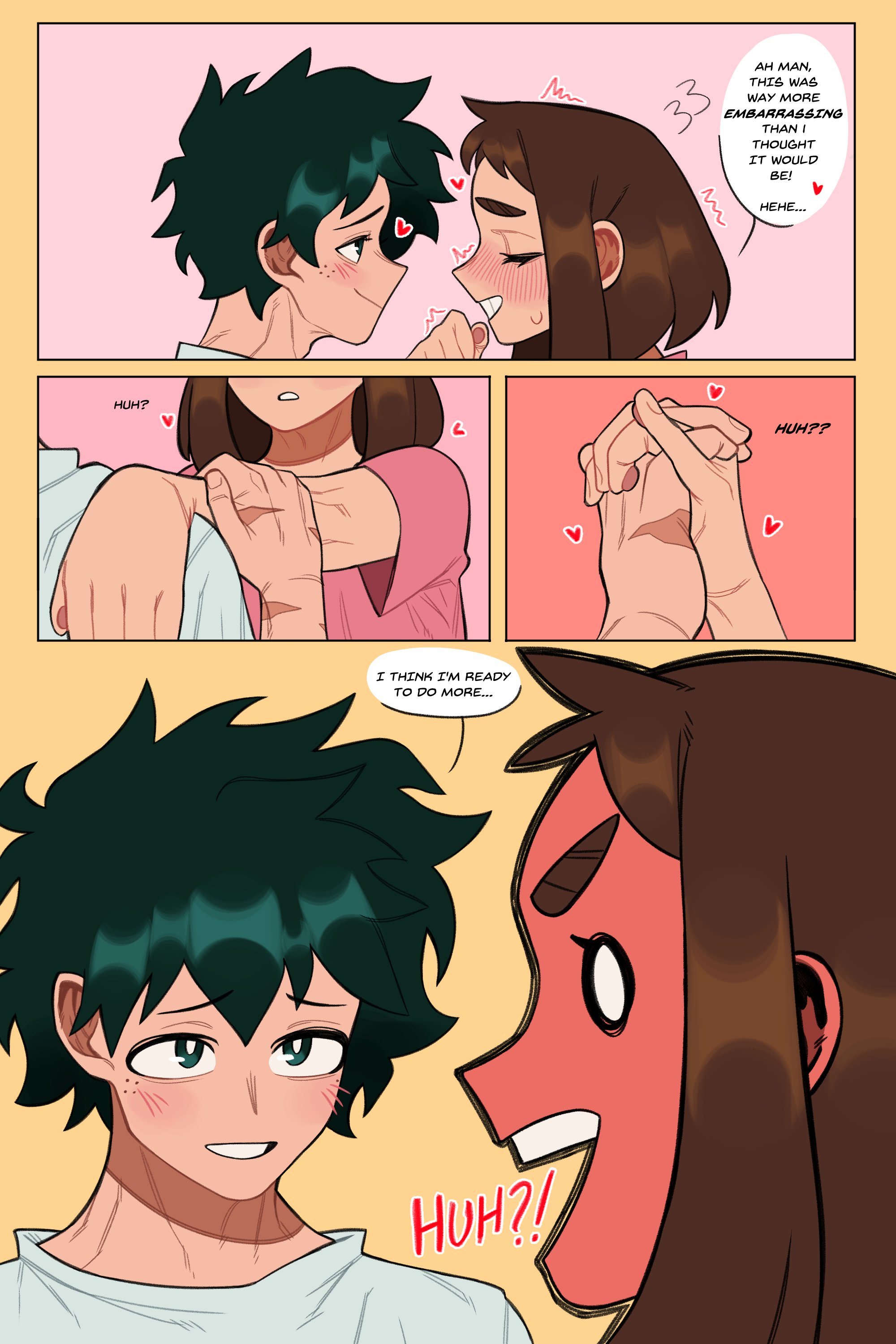 loopvoid, midoriya izuku, uraraka ochako, boku no hero academia, 1boy, 1girl, blush, brown hair, freckles, green eyes, green hair, hetero, izuocha, sidelocks