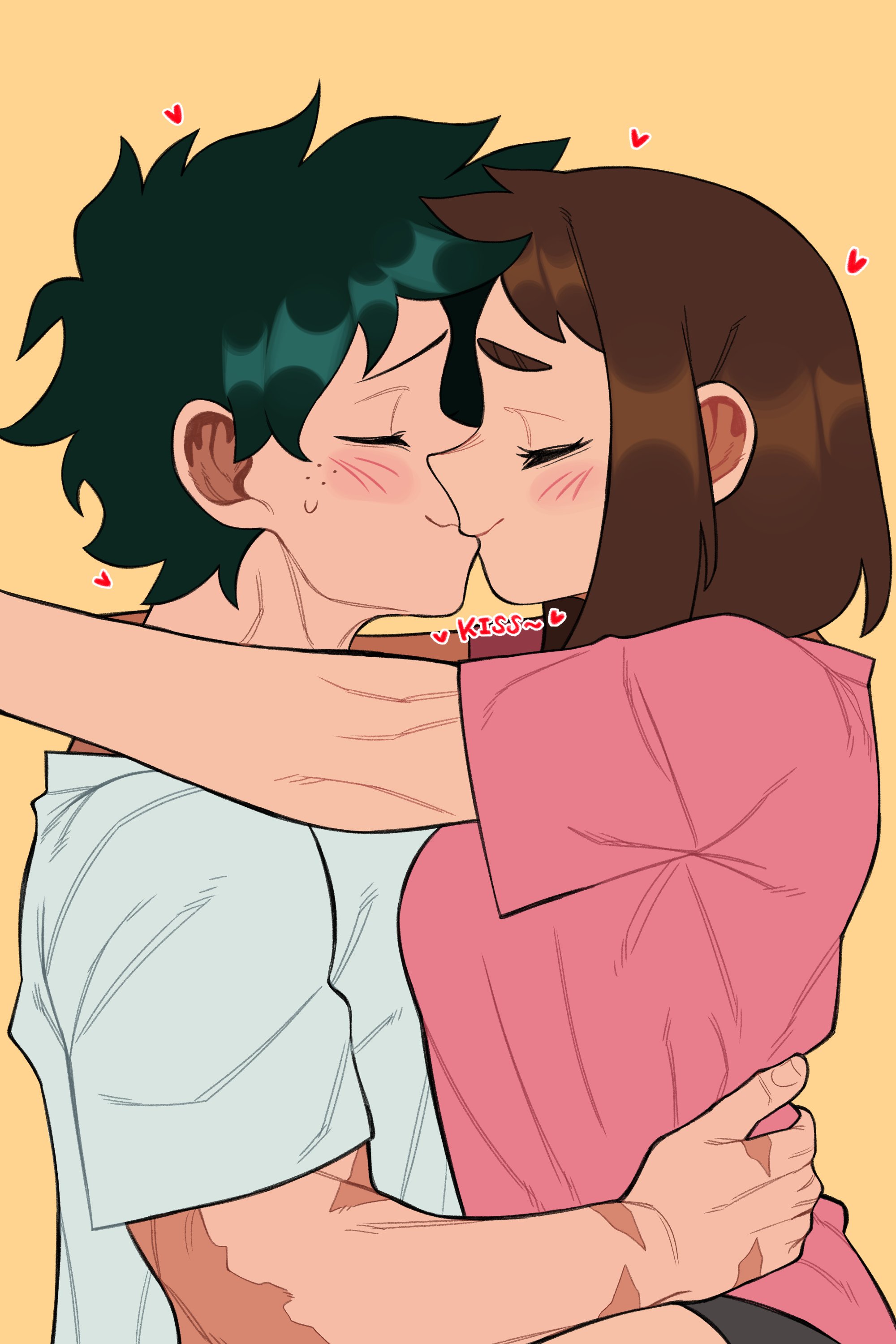 loopvoid, midoriya izuku, uraraka ochako, boku no hero academia, absurdres, highres, 1boy, 1girl, brown eyes, brown hair, freckles, green eyes, green hair, hetero, izuocha, kiss, pink shirt, scar, scar on arm, shirt, sidelocks, white shirt