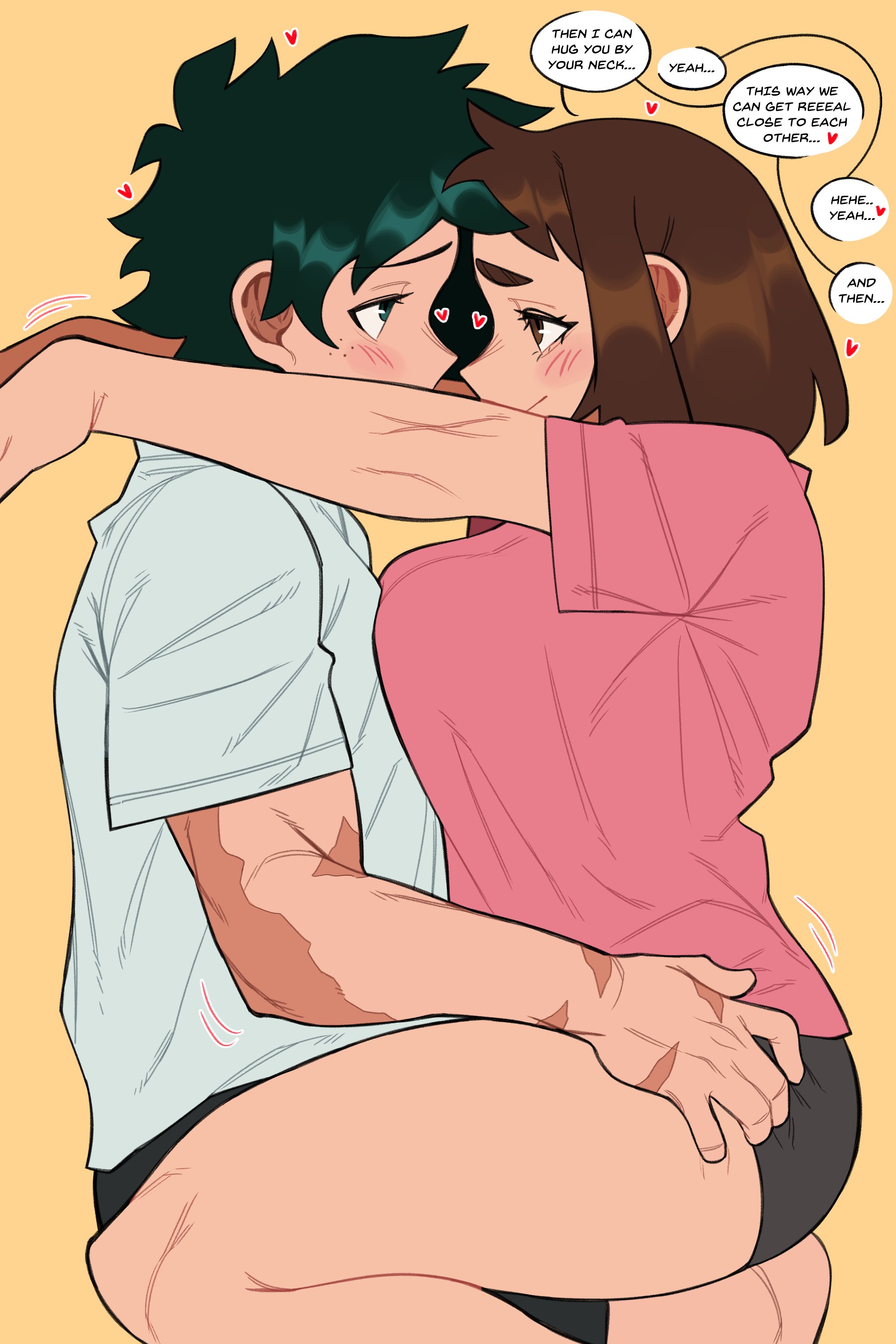 loopvoid, midoriya izuku, uraraka ochako, boku no hero academia, 1boy, 1girl, brown eyes, brown hair, freckles, green eyes, green hair, hetero, imminent kiss, izuocha, pink shirt, scar, scar on arm, shirt, shorts, white shirt