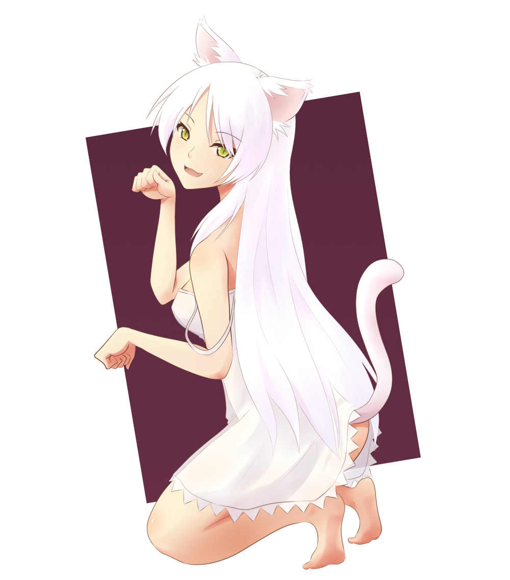 tsuchifumazu, black hanekawa, hanekawa tsubasa, bakemonogatari, monogatari (series), nekomonogatari, spoilers, 00s, 10s, 1girl, animal ears, bare shoulders, barefoot, cat ears, cat tail, dress, fang, feet, female focus, full body, green eyes, kneeling, lingerie, long hair, looking back, negligee, paw pose, simple background, slit pupils, solo, strap slip, tail, underwear, white background, white hair