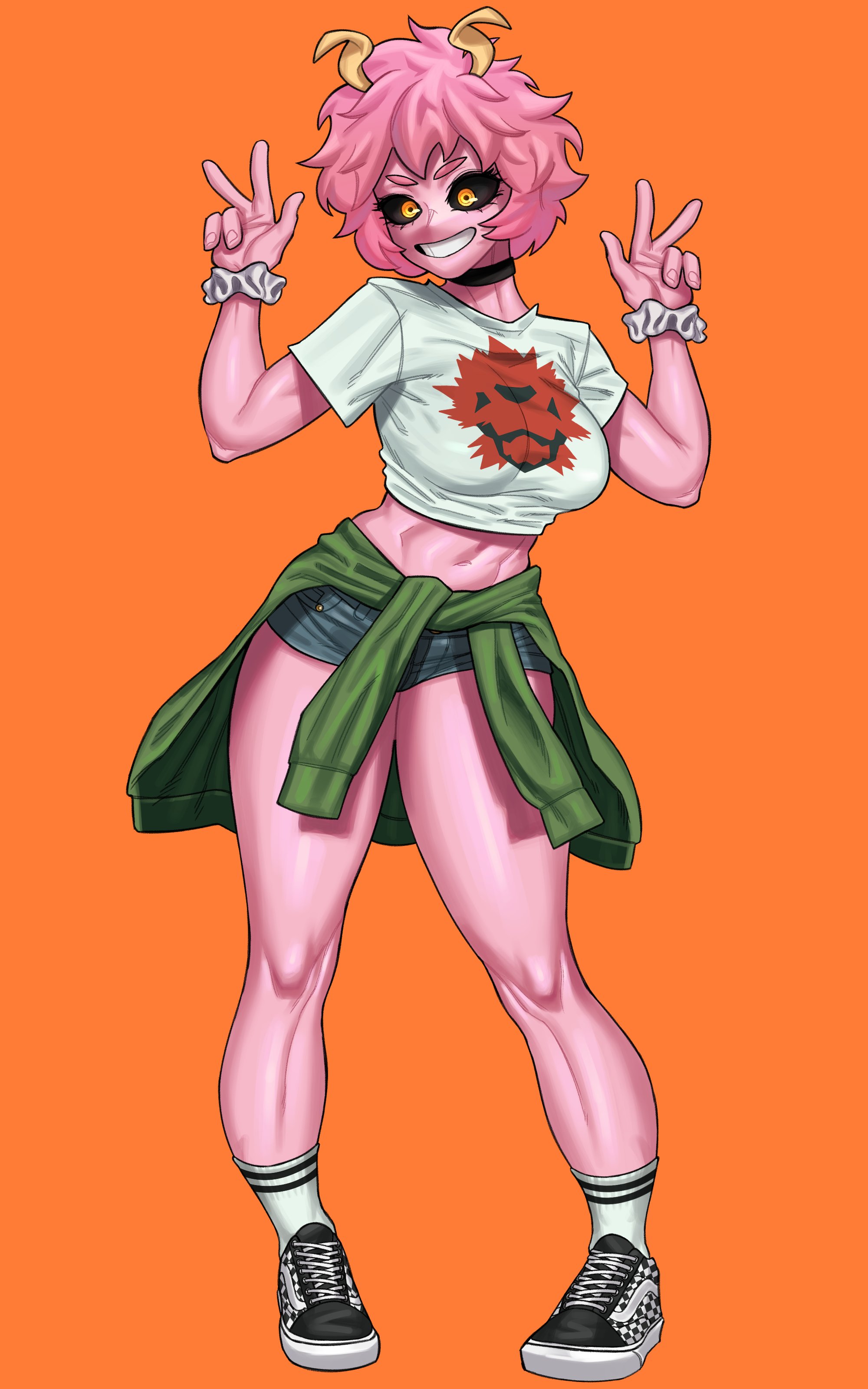 loopvoid, ashido mina, boku no hero academia, 1girl, black sclera, clothes around waist, colored sclera, colored skin, denim, denim shorts, female focus, green sweater, grin, horns, messy hair, midriff, navel, orange skirt, pink hair, pink skin, shirt, shoes, short hair, short shorts, shorts, skirt, smile, sneakers, socks, solo, sweater, sweater around waist, teeth, v, white shirt, yellow eyes, yellow horns