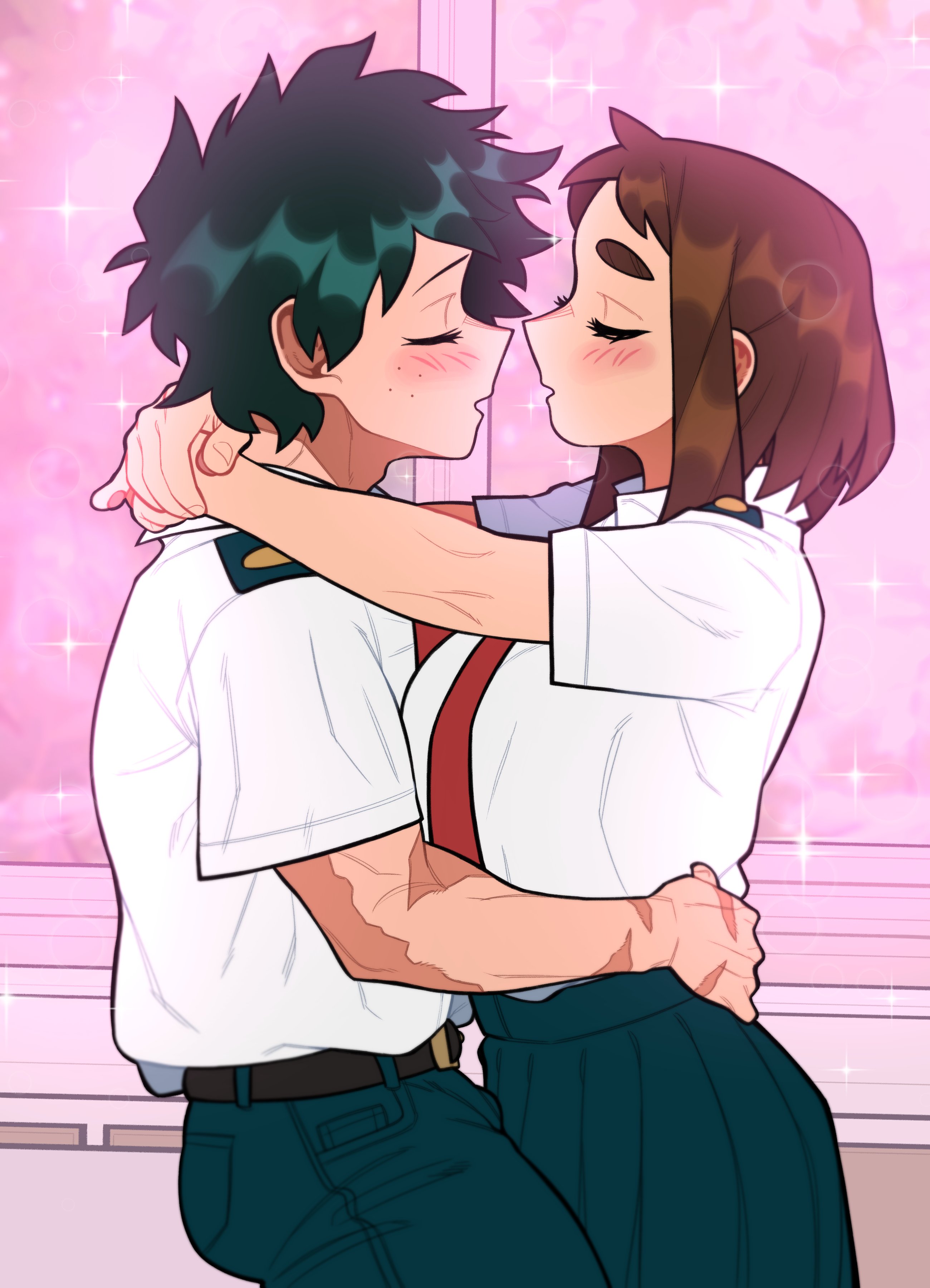 loopvoid, midoriya izuku, uraraka ochako, boku no hero academia, 1boy, 1girl, belt, black belt, breasts, brown hair, closed eyes, freckles, green hair, green pants, green skirt, hetero, izuocha, matching hair/eyes, necktie, pants, pink background, pleated skirt, red necktie, scar, scar on arm, school uniform, shirt, short hair, sidelocks, skirt, u.a. school uniform, white shirt