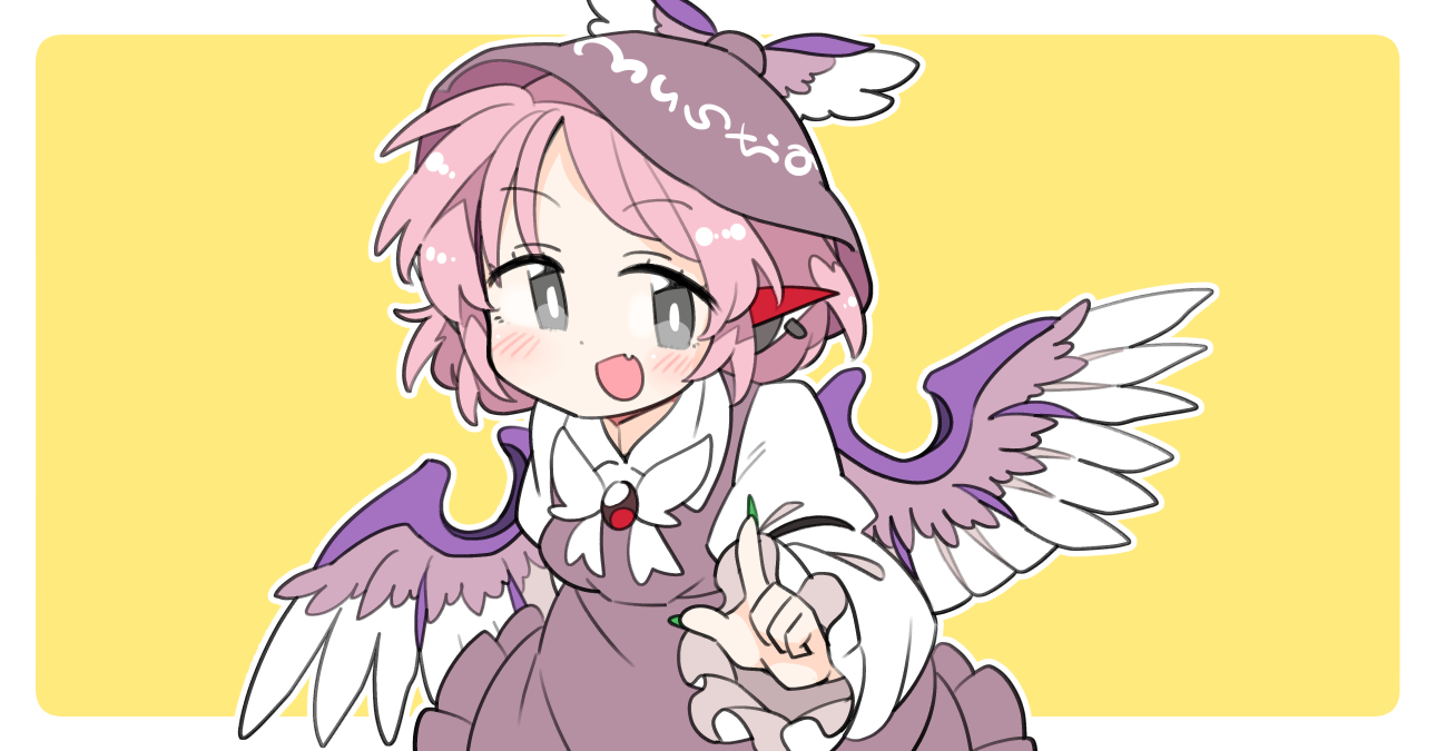 ini (inunabe00), mystia lorelei, touhou, commentary, 1girl, :d, animal ears, bird ears, bird girl, bird wings, blush, border, bow, bowtie, bright pupils, brown dress, brown hat, collared shirt, dress, earrings, fang, fingernails, green nails, grey eyes, hand up, hat, index finger raised, jewelry, long fingernails, long sleeves, looking at viewer, nail polish, open mouth, outline, outside border, pinafore dress, shirt, simple background, skin fang, sleeve garter, sleeveless, sleeveless dress, smile, solo, upper body, white border, white bow, white bowtie, white outline, white pupils, white shirt, winged hat, wings, yellow background