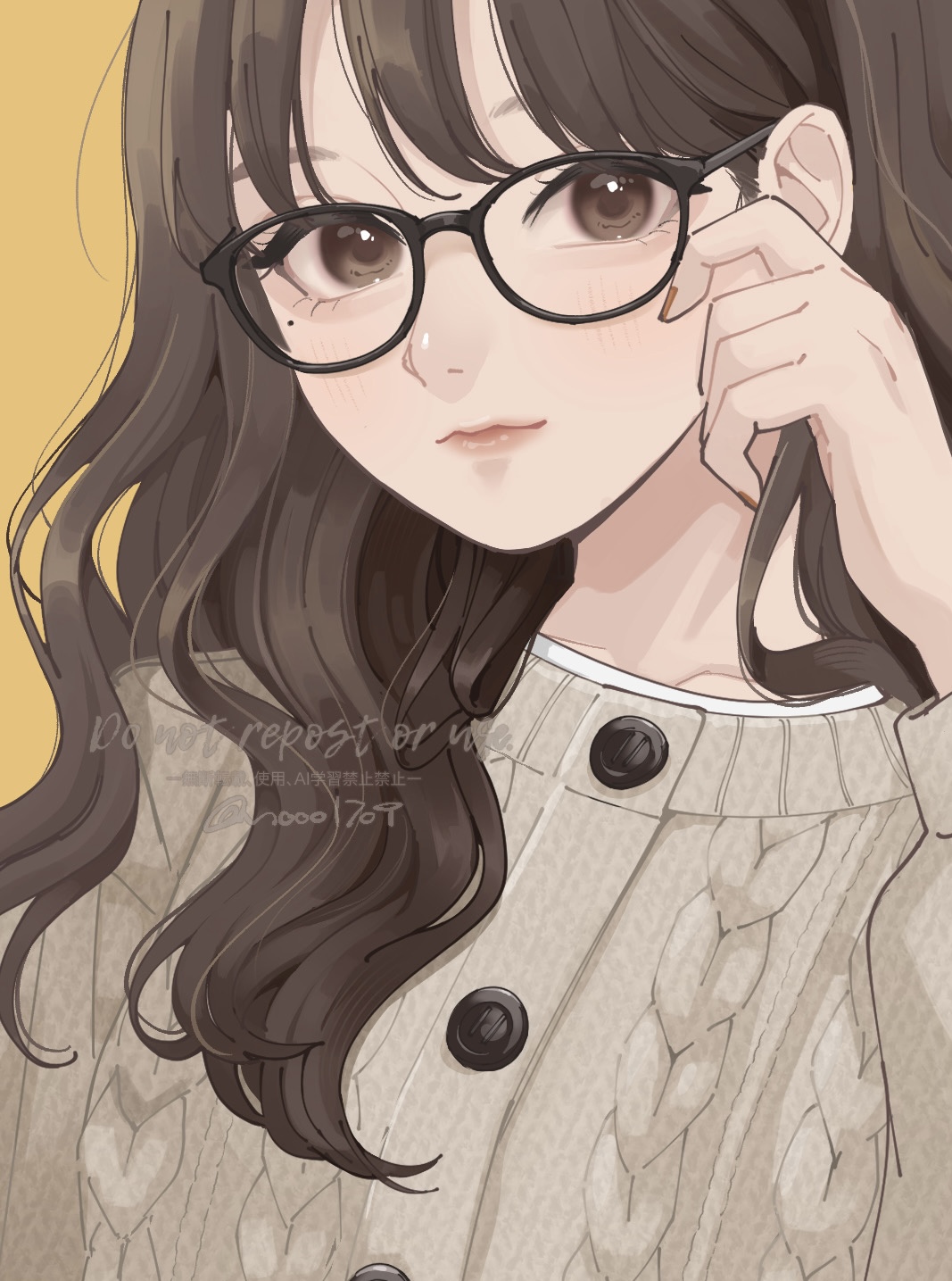 nozawa (nooo1709), original, commentary request, highres, 1girl, black-framed eyewear, brown cardigan, brown eyes, brown hair, brown nails, buttons, cardigan, chinese text, closed mouth, english text, glasses, hand up, knit cardigan, long hair, looking at viewer, mole, mole under eye, pink lips, simple background, solo, twitter username, upper body, watermark, wavy hair, yellow background