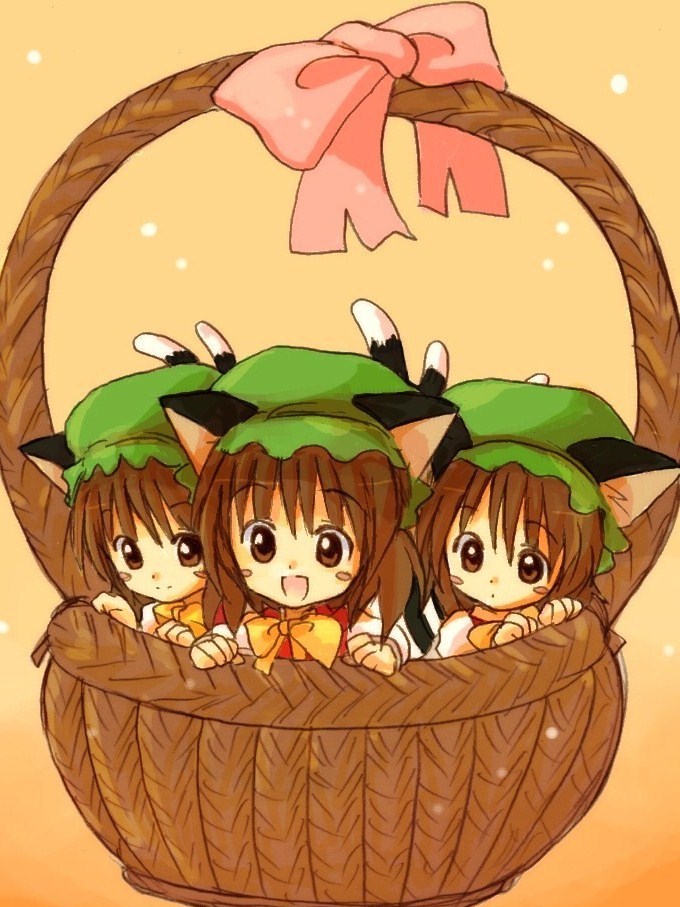 eijima moko, chen, touhou, beige background, bad id, bad pixiv id, 3girls, :d, animal ears, basket, blush stickers, bow, bowtie, brown eyes, brown hair, cat ears, cat girl, cat tail, clone, female focus, hat, in basket, in container, mob cap, multiple girls, multiple tails, open mouth, smile, tail