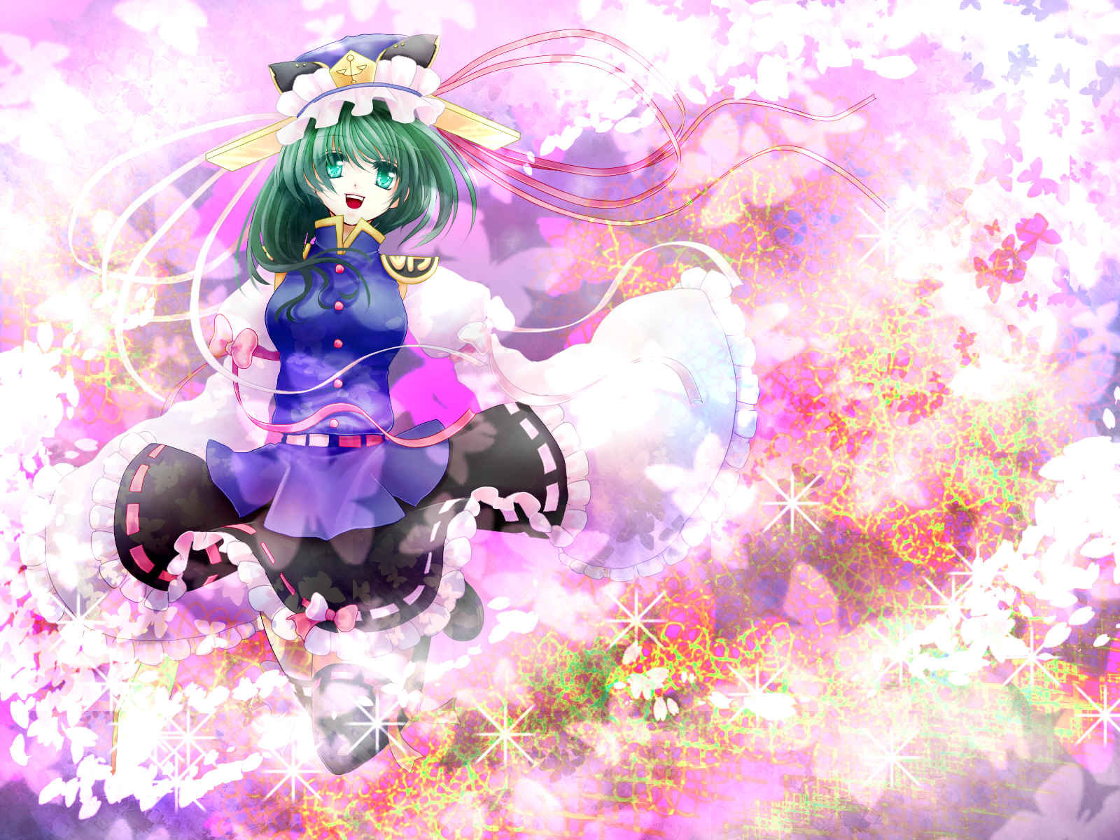 nayuzu, shiki eiki, touhou, bad id, bad pixiv id, highres, 1girl, blue eyes, female focus, green hair, hat, short hair, solo, thighhighs, zettai ryouiki