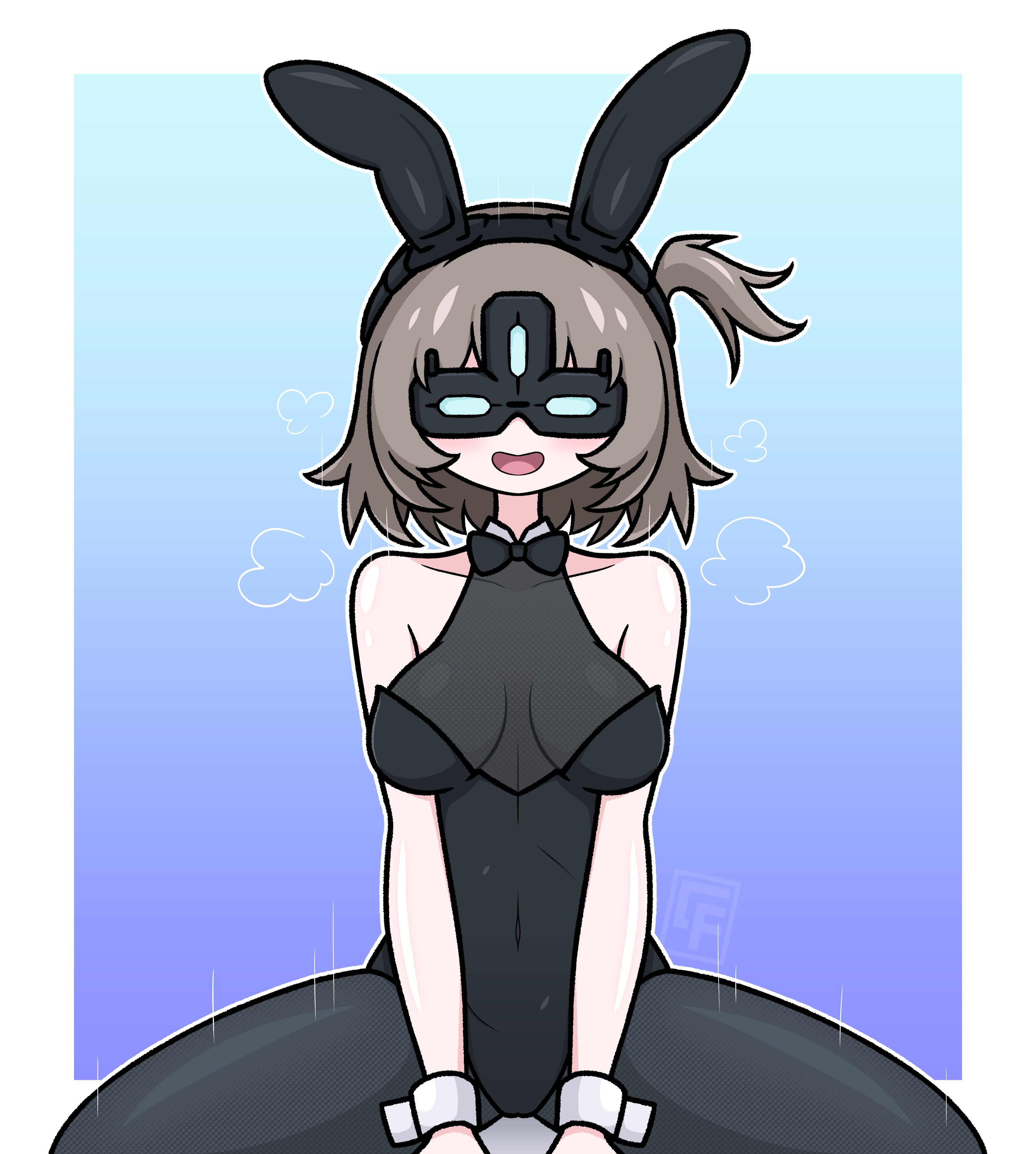 mumei518, arknights, absurdres, commentary, highres, 1girl, alternate costume, animal ears, bare shoulders, black bow, black bowtie, black hairband, black pantyhose, blush, bow, bowtie, breasts, brown hair, covered navel, detached collar, fake animal ears, gloves, hairband, leafcarpet (arknights), open mouth, pantyhose, playboy bunny, rabbit ears, side ponytail, solo, wrist cuffs