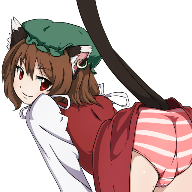 nikka (cryptomeria), chen, touhou, 1girl, animal ears, ass, bent over, brown hair, cameltoe, cat ears, cat girl, cat tail, earrings, female focus, jewelry, multiple tails, naughty face, nekomata, panties, presenting, red eyes, solo, striped clothes, striped panties, tail, trefoil, two tails, underwear