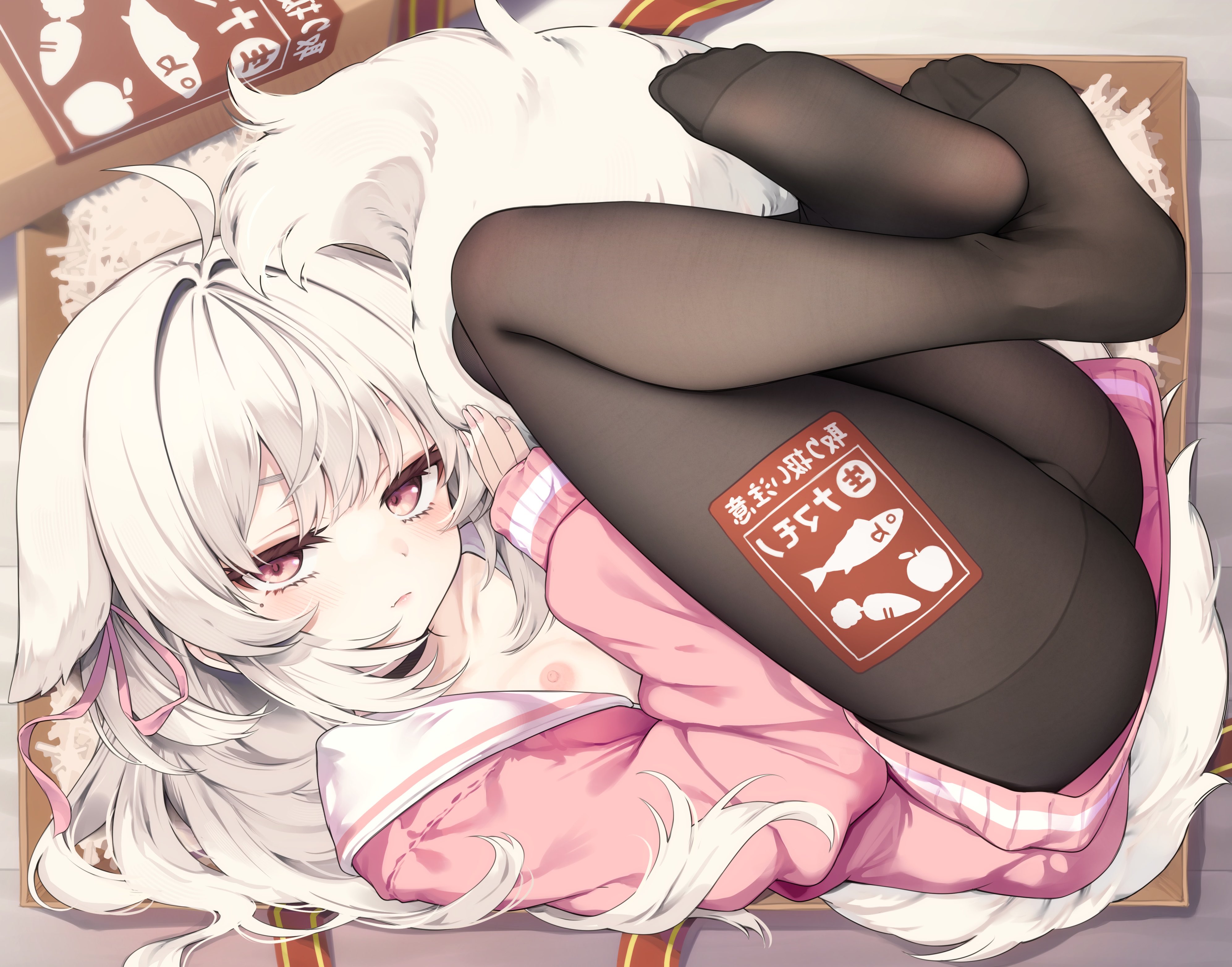 hyouta (yoneya), original, absurdres, check translation, highres, translation request, 1girl, animal ears, black pantyhose, box, cardboard box, cardigan, closed mouth, crossed ankles, curled up, flat chest, full body, in box, in container, light frown, long hair, long sleeves, looking at viewer, nipples, pantyhose, pink cardigan, pink eyes, sailor collar, sticker on leg, tail, white hair, white sailor collar