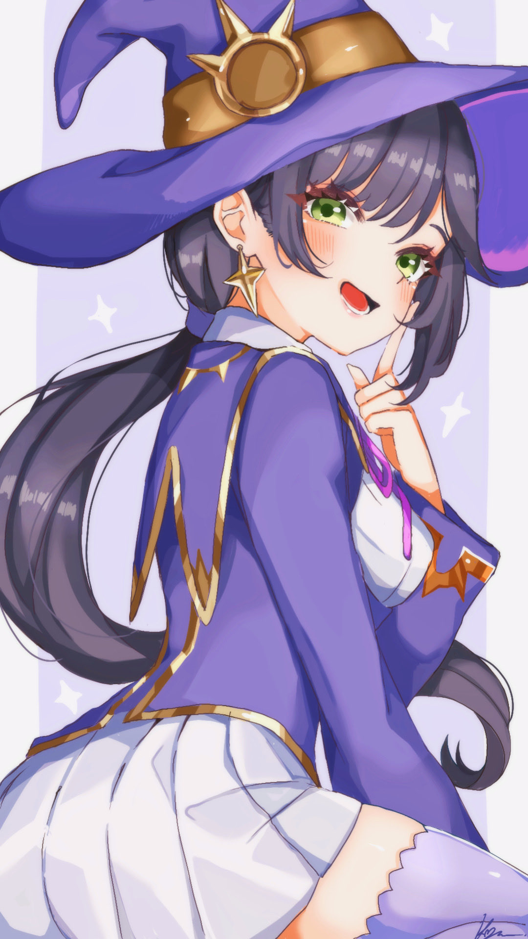 kurerin, helsie (fortnite), fortnite, commentary, highres, 1girl, blush, border, breasts, earrings, finger to cheek, from side, gold trim, green eyes, hand up, hat, helsie midnight, jacket, jewelry, long hair, looking at viewer, lower teeth only, medium breasts, open mouth, outside border, pleated skirt, purple background, purple hair, purple hat, purple jacket, purple ribbon, purple thighhighs, ribbon, shirt, sidelocks, signature, skirt, smile, solo, star (symbol), star earrings, teeth, thighhighs, twintails, white border, white shirt, white skirt, witch hat, zettai ryouiki