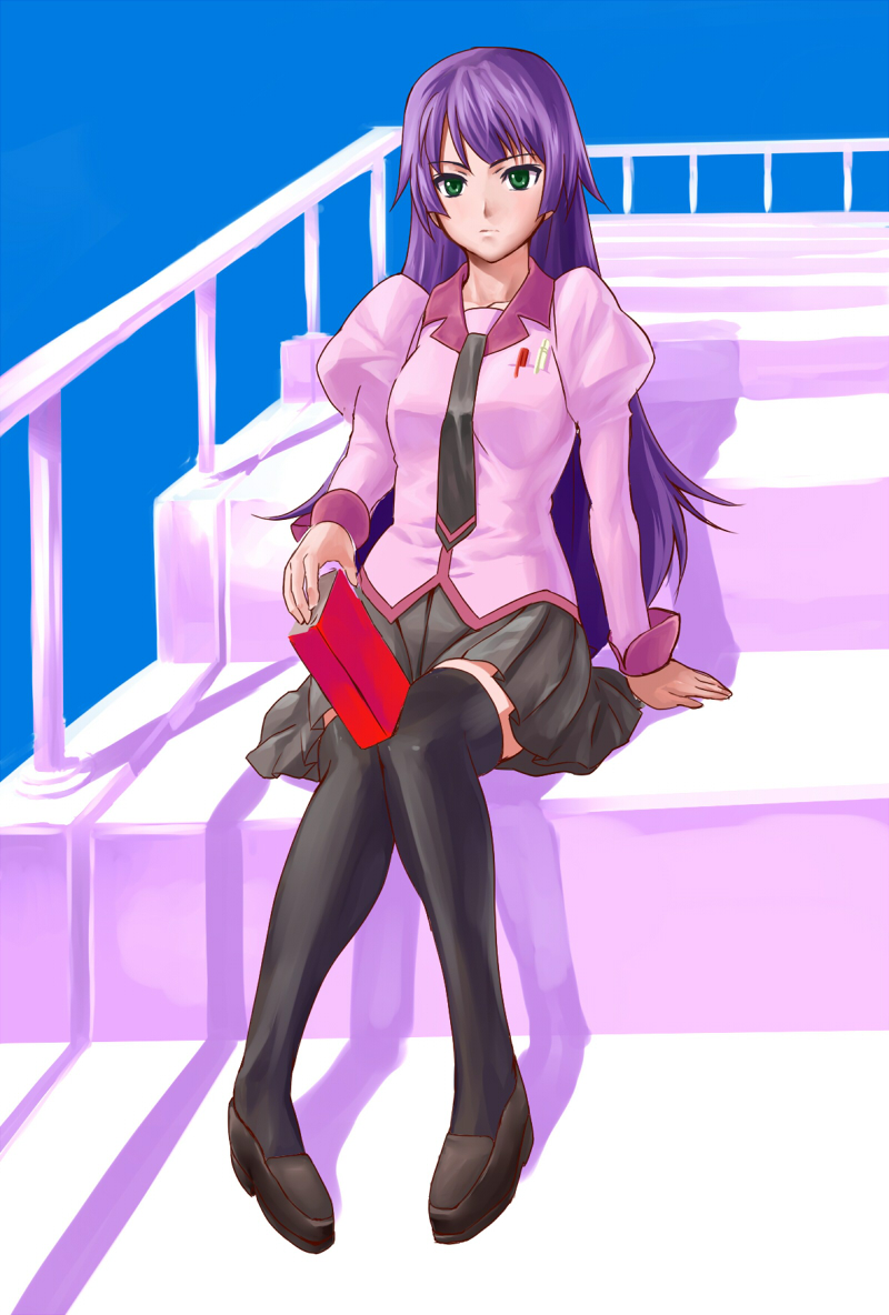 g-tetsu, senjougahara hitagi, bakemonogatari, monogatari (series), 00s, 1girl, book, female focus, full body, green eyes, legs, long hair, necktie, pen, purple hair, school uniform, sitting, sitting on stairs, solo, stairs, thighhighs, zettai ryouiki