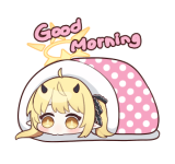 ibuki (blue archive), blue archive, animated, animated png, lowres, non-repeating animation, non-web source, official art, 1girl, blonde hair, chibi, chibi only, english text, futon, good morning, halo, line sticker available, simple background, solo, transparent background, under covers, yellow eyes