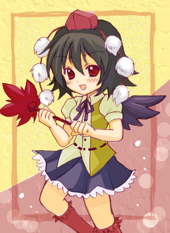 eijima moko, shameimaru aya, touhou, bad id, bad pixiv id, 1girl, black hair, black wings, blush, female focus, hand fan, hat, looking at viewer, open mouth, red eyes, short hair, skirt, smile, solo, tokin hat, wings