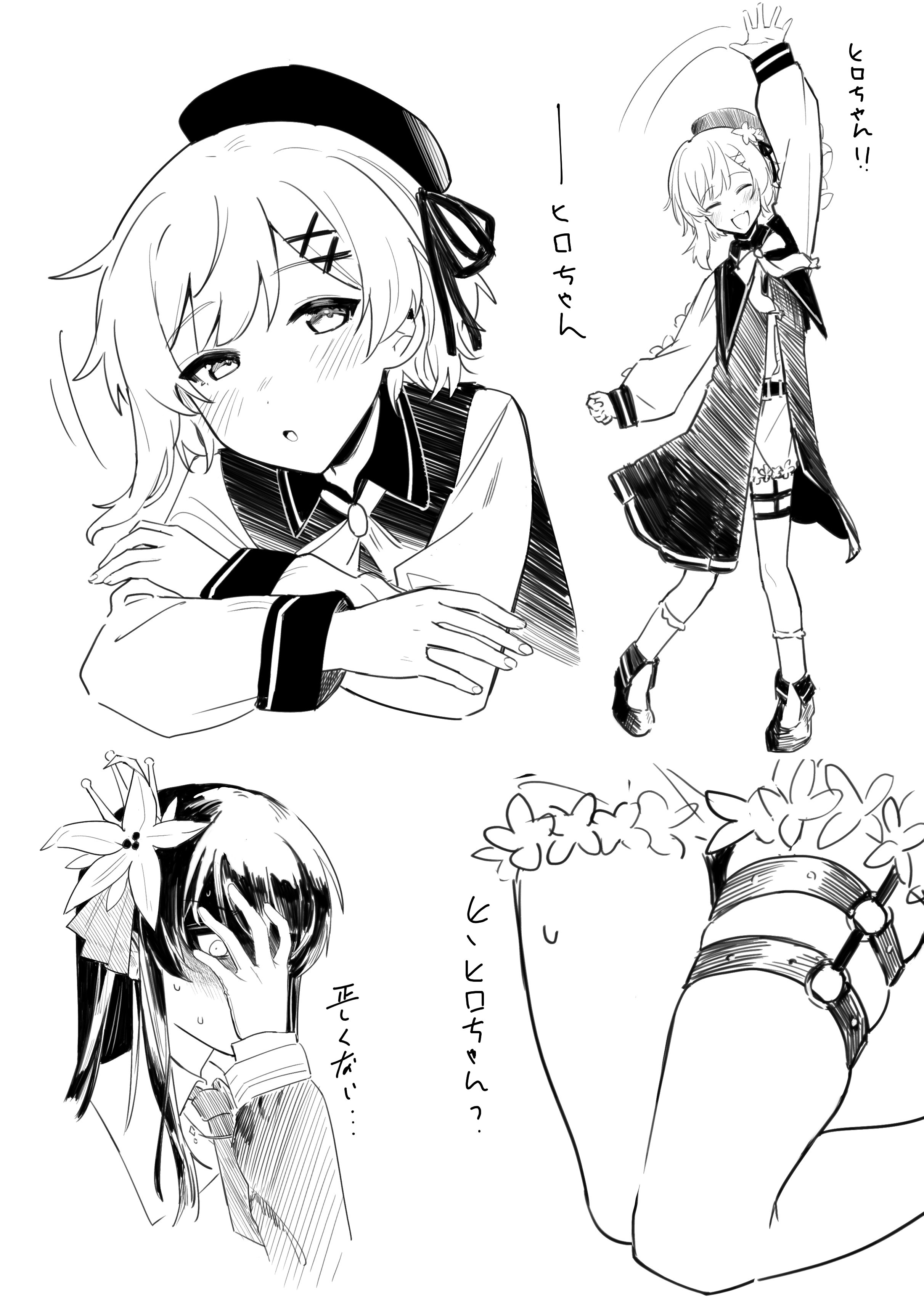 zhe li (jelly0006), nikaido hiro, sakuraba ema, mahou shoujo no majo saiban, absurdres, hashtag-only commentary, highres, translation request, 2girls, arm up, beret, covering face, crossed arms, dress, flower, greyscale, hair flower, hair ornament, hand on own face, hat, long hair, long sleeves, looking at viewer, monochrome, multiple girls, multiple views, o-ring, o-ring thigh strap, open mouth, outstretched arm, shirt, shoes, short hair, simple background, smile, socks, sweatdrop, thigh strap, white background, x hair ornament