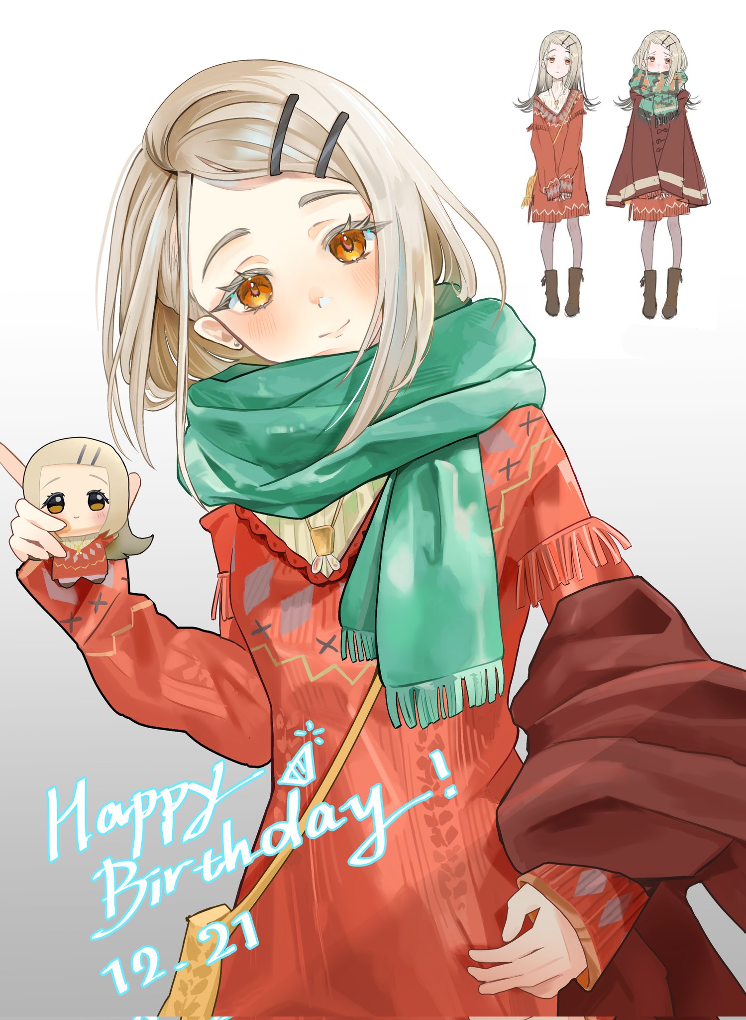 shinosawa hiro, gakuen idolmaster, idolmaster, corrupted twitter file, hashtag-only commentary, highres, 1girl, bag, blonde hair, blush, brown coat, character doll, chibigurumi, closed mouth, coat, colored eyelashes, cowboy shot, dated, doll, dress, earrings, elbow carry, enpera, gradient background, green scarf, hair ornament, hairclip, hand up, happy birthday, holding, holding doll, holding unworn clothes, iamduck1122, jewelry, l hand, long hair, long sleeves, looking at viewer, necklace, orange eyes, parallel hairclips, parted bangs, prototype design, red dress, reference inset, ribbed sweater, scarf, shoulder bag, smile, solo, standing, stud earrings, sweater, unworn coat, white background, white sweater, yellow bag
