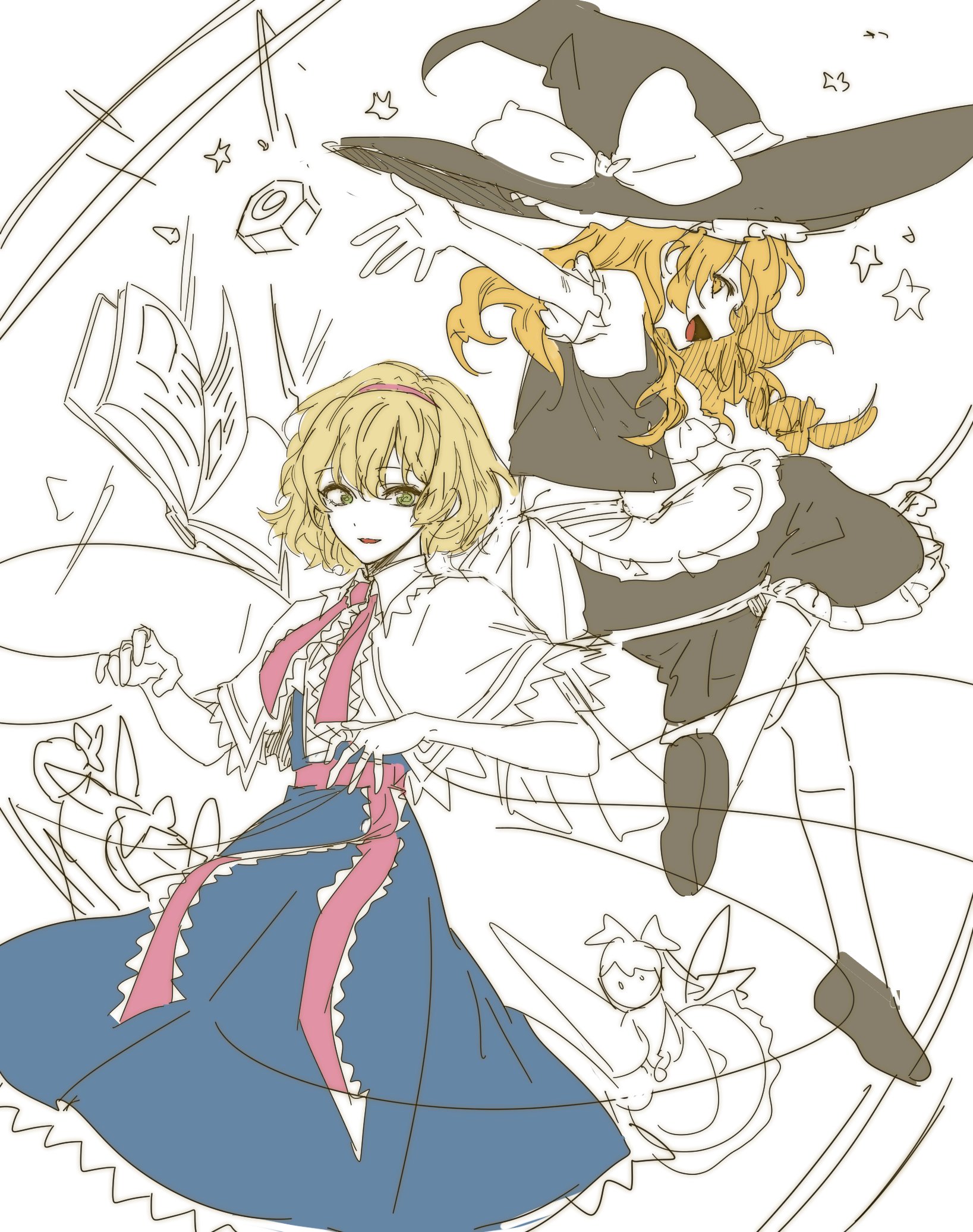 yuggug, alice margatroid, kirisame marisa, touhou, highres, 2girls, apron, blonde hair, hat, hat ribbon, long hair, medium hair, multiple girls, ribbon, waist apron, white background, white ribbon, wide brim, witch