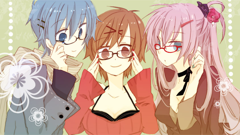 yoshiki, kaito (vocaloid), megurine luka, meiko (vocaloid), vocaloid, bad id, bad pixiv id, 1boy, 2girls, adjusting eyewear, aqua eyes, bespectacled, blue eyes, blue hair, brown eyes, brown hair, choker, flower, glasses, hair flower, hair ornament, hairclip, long hair, looking at viewer, multiple girls, pink hair, ponytail, red-framed eyewear, ribbon choker, scarf, short hair, smile, striped clothes, striped scarf, upper body