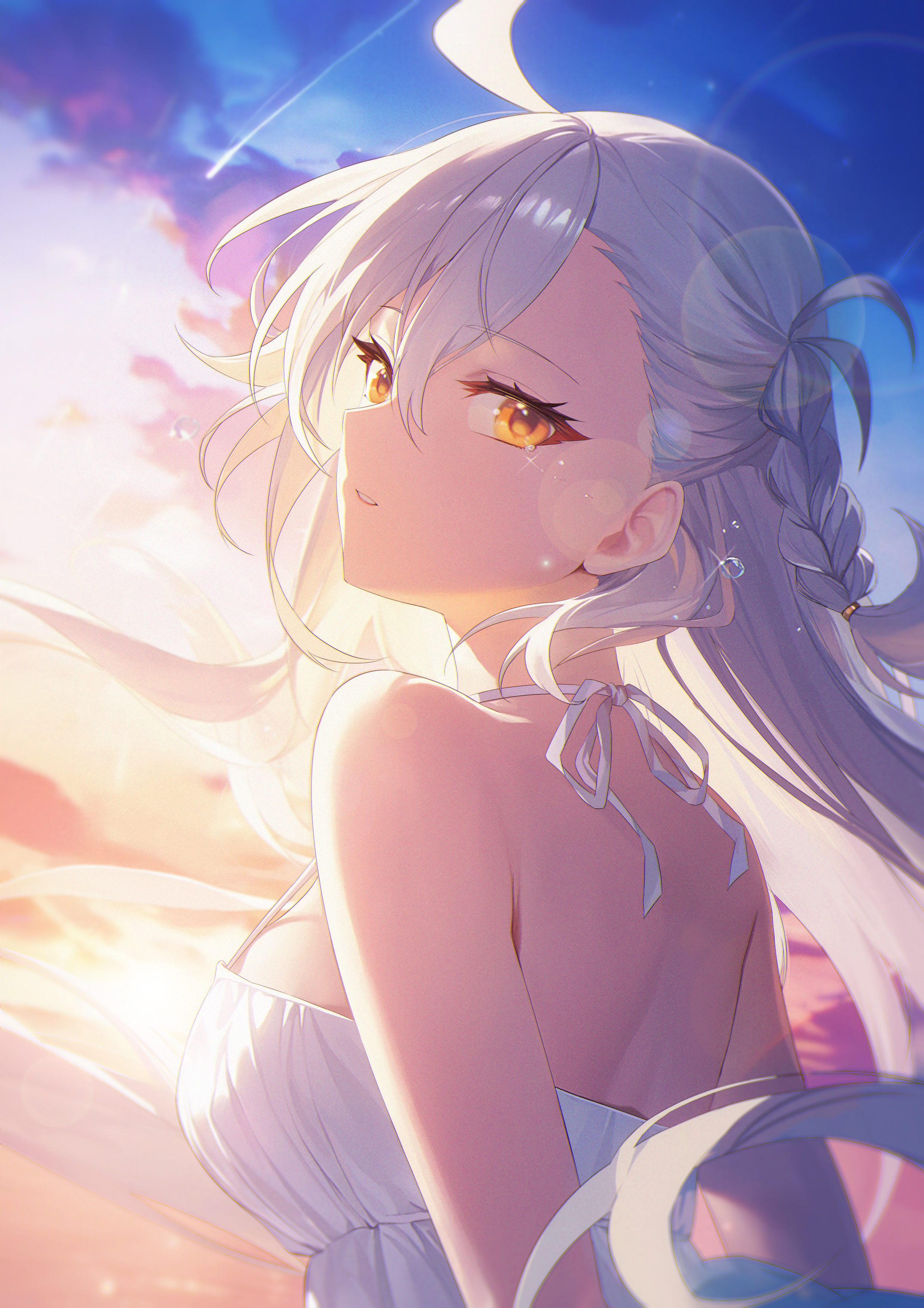 jiang ye kiri, olga marie animusphere, fate/grand order, fate (series), absurdres, commentary, highres, 1girl, ahoge, arms behind back, back, bare shoulders, blue sky, blurry, braid, breasts, cloud, depth of field, dress, floating hair, from behind, from side, glint, gradient sky, hair between eyes, halter dress, halterneck, head tilt, long hair, looking at viewer, medium breasts, parted lips, sky, sleeveless, sleeveless dress, solo, spaghetti strap, sunset, tearing up, tears, turning head, upper body, very long hair, water drop, white dress, white hair, yellow eyes