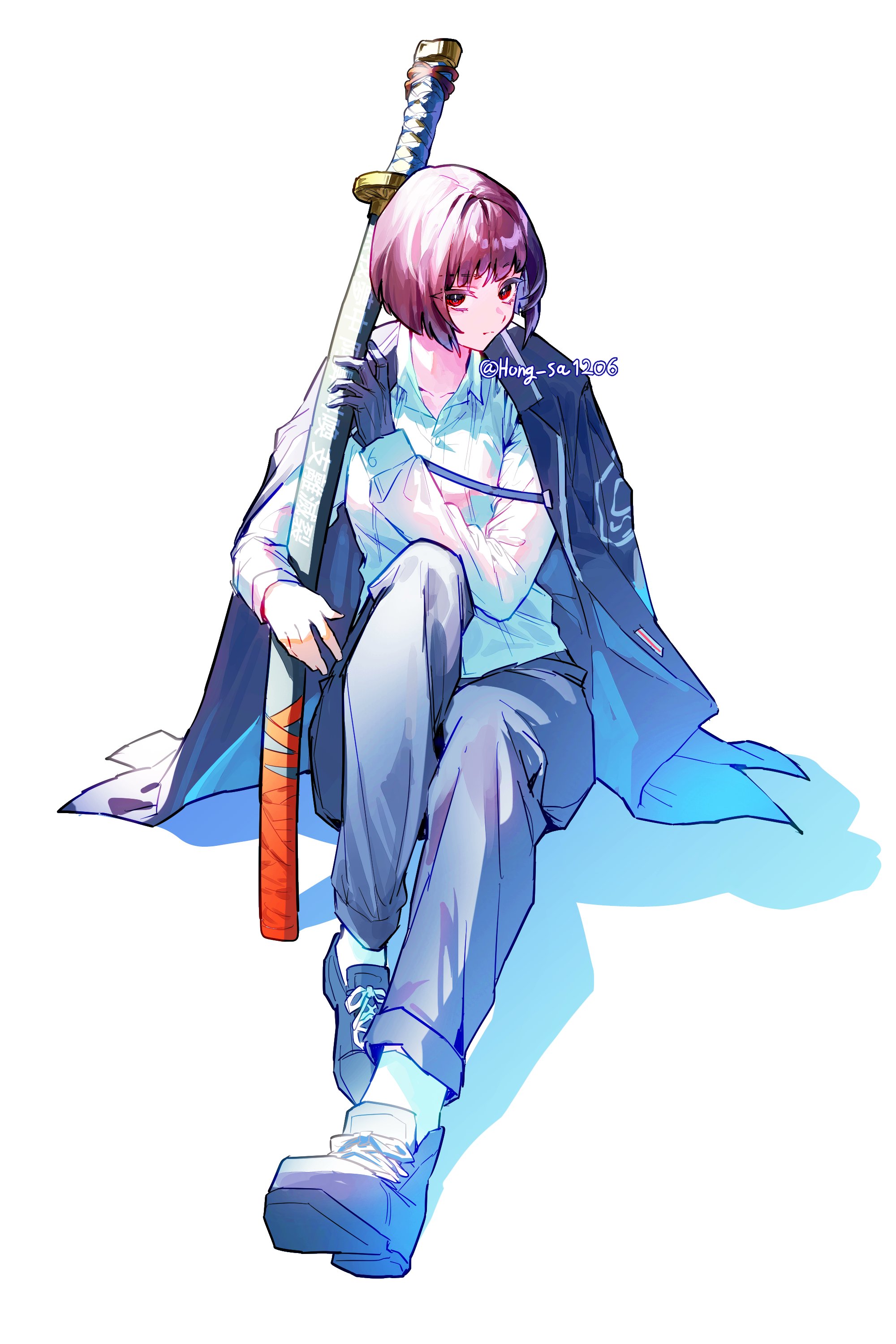 ryoshu (project moon), limbus company, project moon, absurdres, highres, 1girl, black coat, black gloves, black hair, bob cut, coat, gloves, hong sa, katana, red eyes, shirt, short hair, signature, sitting, sword, weapon, white background, white shirt
