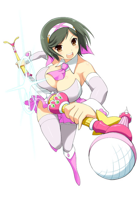 yaegashi nan, mai (senran kagura), senran kagura, senran kagura new wave, official art, 1girl, :d, black hair, boots, bra, breasts, brown eyes, cleavage, cleavage cutout, clothing cutout, cuff links, detached collar, detached sleeves, drawing sword, frilled skirt, frills, grey bra, grey sleeves, grey thighhighs, hair ornament, hairband, heart, holding, holding microphone, holding microphone stand, holding sheath, holding sword, holding weapon, idol, idol clothes, katana, large breasts, looking at viewer, microphone, microphone stand, miniskirt, neckerchief, necktie, open mouth, pink boots, pink neckerchief, pink skirt, scabbard, sheath, short hair, shoulder blush, simple background, skirt, smile, solo, sparkle, swept bangs, sword, teeth, thighhighs, underwear, unsheathing, upper teeth only, weapon, white background, white wrist cuffs, wrist cuffs