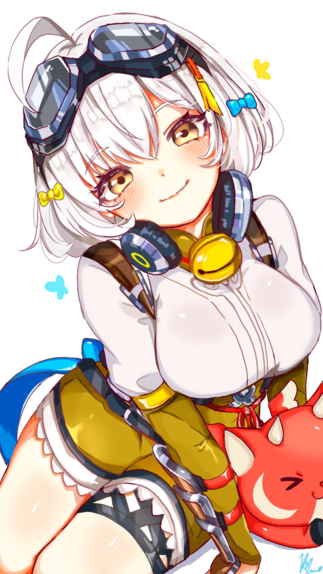 kurerin, fortnite, commentary request, highres, 1girl, ahoge, bell, blue bow, blush, bow, breasts, closed mouth, elbow gloves, fierce cloudpuff, gloves, goggles, goggles on head, hair between eyes, hair bow, headphones, headphones around neck, large breasts, long sleeves, looking at viewer, medium hair, neck bell, razor (fortnite), shirt, signature, smile, underbust, white hair, white shirt, yellow bow, yellow eyes, yellow gloves