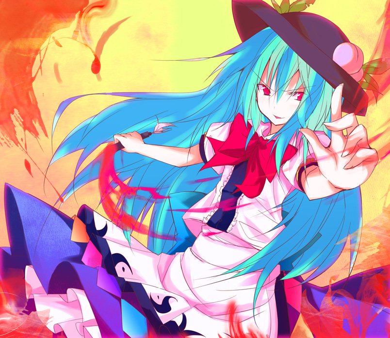 huei nazuki, kazeei naduki, hinanawi tenshi, touhou, bad id, bad pixiv id, 1girl, blue hair, female focus, hat, long hair, red eyes, solo