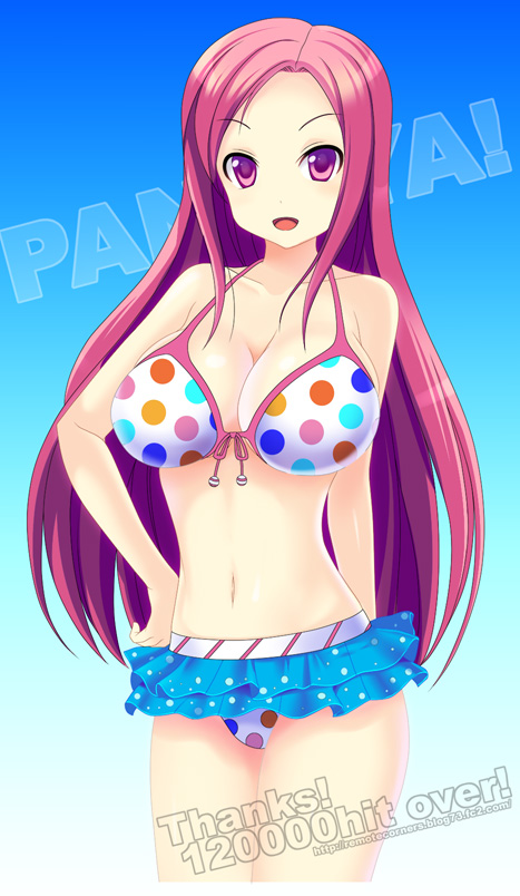 kyoku tou, lucia, lucia (pangya), pangya, 1girl, bikini, female focus, hand on own hip, long hair, milestone celebration, pink eyes, polka dot, polka dot bikini, polka dot swimsuit, red hair, skirt, solo, swimsuit