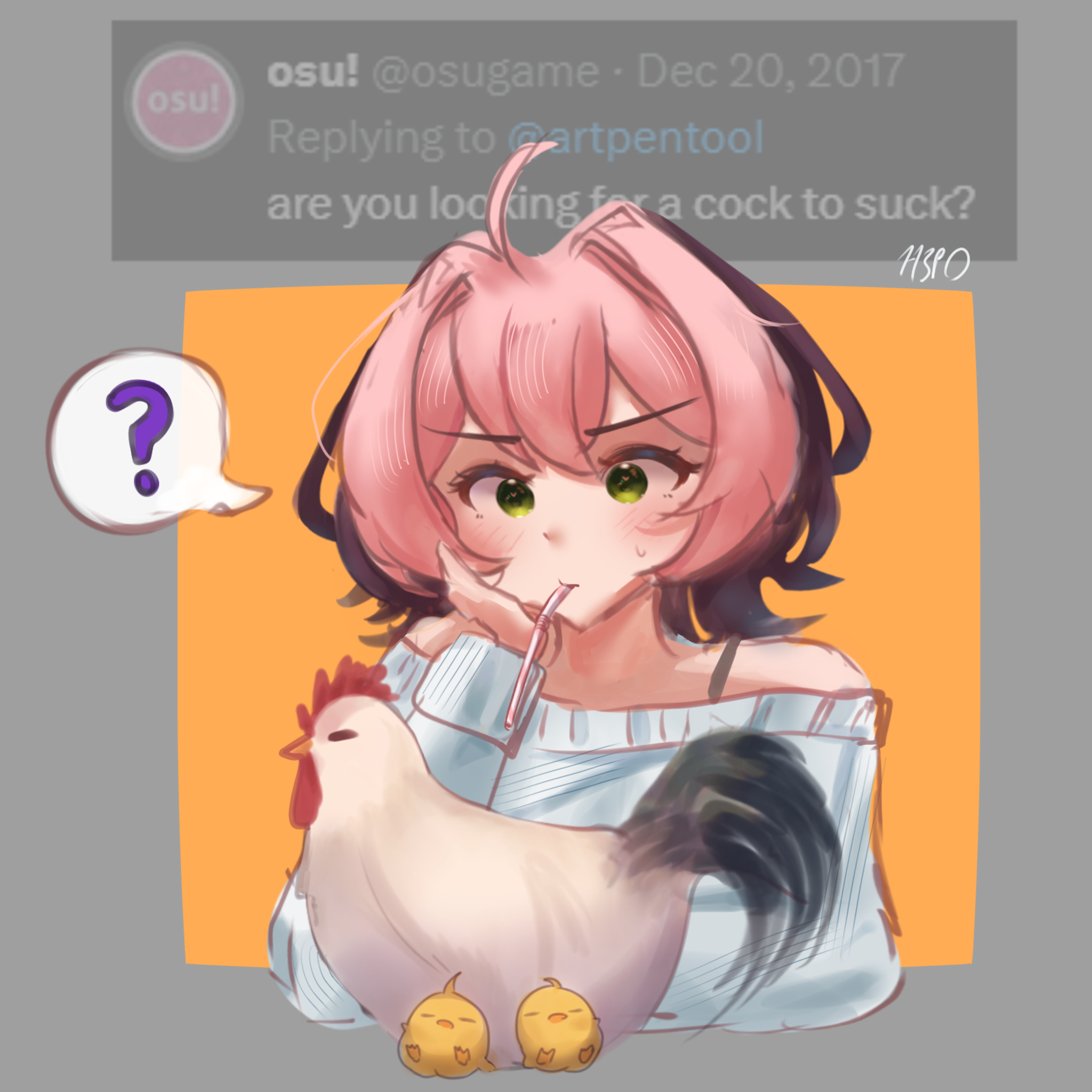 h3p0, pippi (osu!), osu!, commentary, english commentary, highres, making-of available, 1girl, ?, ahoge, artist name, baby animal, bird, blue shirt, chick, chicken, cropped torso, drinking straw, drinking straw in mouth, english text, green eyes, grey background, head rest, medium hair, off-shoulder shirt, off shoulder, orange background, pink hair, screenshot inset, shirt, solo, spoken question mark, tweet, twitter username, two-tone background, v-shaped eyebrows
