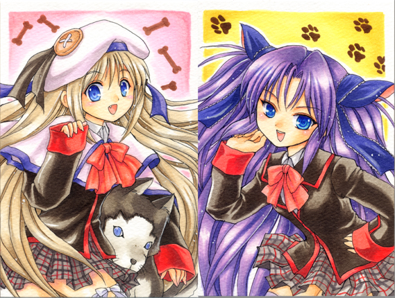 pemoko, noumi kudryavka, sasasegawa sasami, strelka (little busters!), little busters!, bad id, bad pixiv id, traditional media, 2girls, blonde hair, blue eyes, bow, cape, dog, hat, long hair, multiple girls, pink bow, purple hair, ribbon, school uniform, thighhighs, twintails