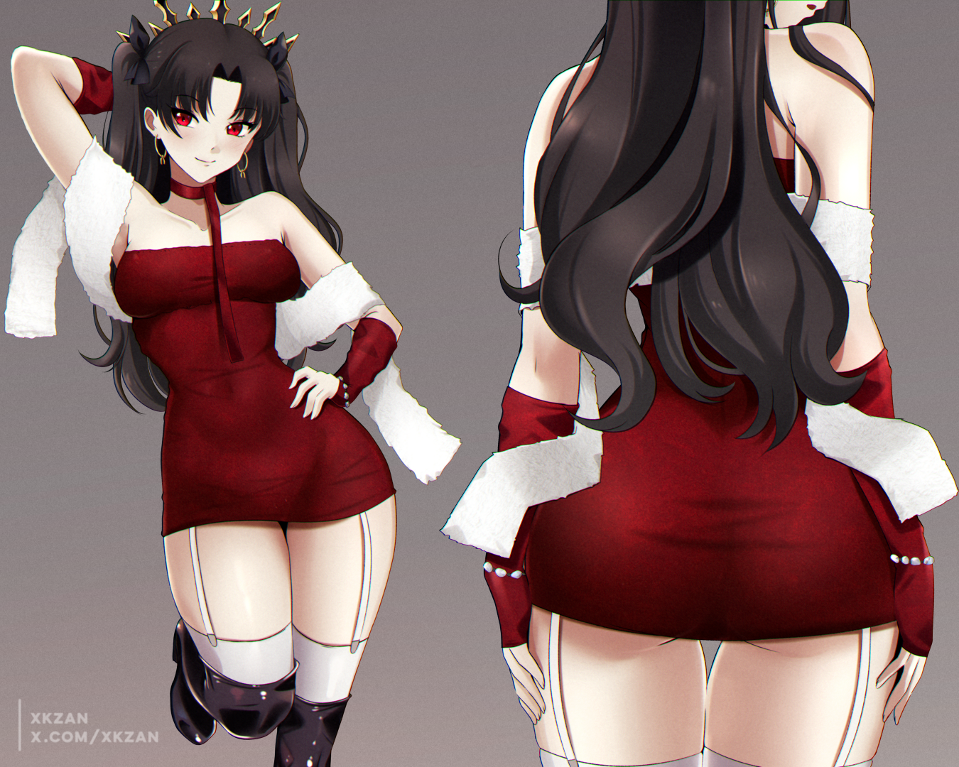 xkzan, ishtar (fate), fate/grand order, fate (series), 1girl, ass, ass press, back, bare shoulders, black boots, black hair, blush, boots, breasts, choker, detached sleeves, dress, earrings, garter straps, hair ribbon, hoop earrings, jewelry, long hair, looking at viewer, medium breasts, multiple views, parted bangs, red dress, red eyes, ribbon, short dress, smile, thigh boots, thighs, tiara, two side up